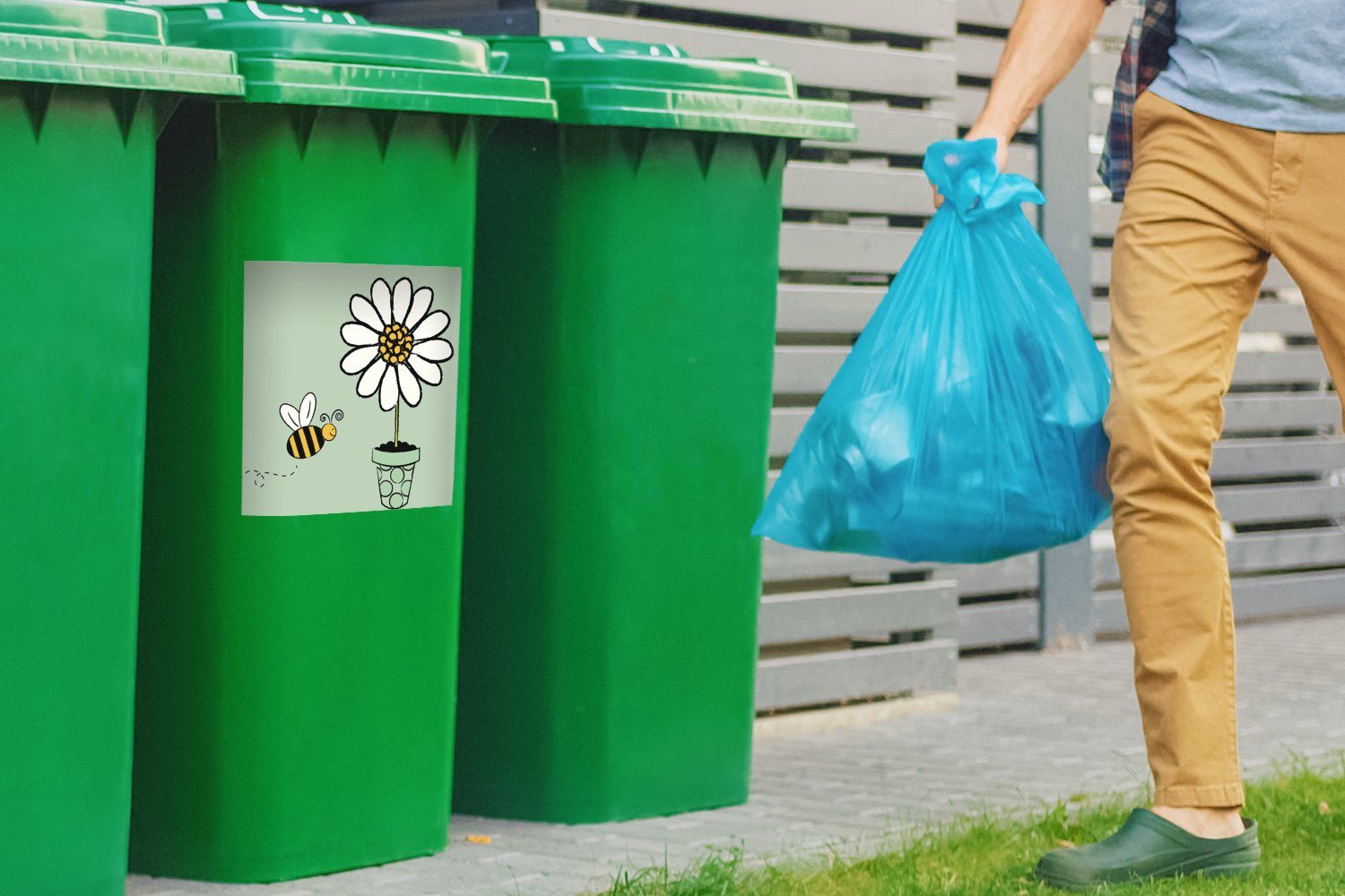 eine Sticker, die Biene, MuchoWow Wandsticker (1 Mülltonne, Mülleimer-aufkleber, weiße zufliegt St), Container, auf Illustration einer Abfalbehälter Blume