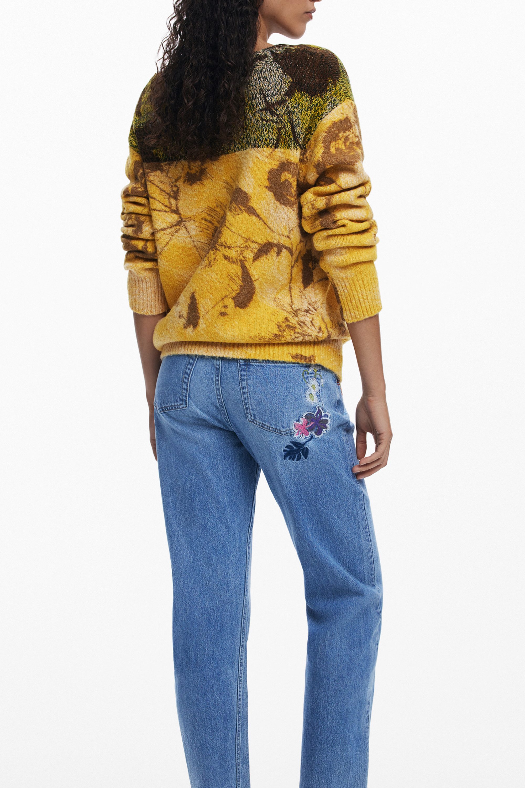 Desigual Strickpullover Bunter Damen Langarmpullover mit Muster und Rundhals in Gelb