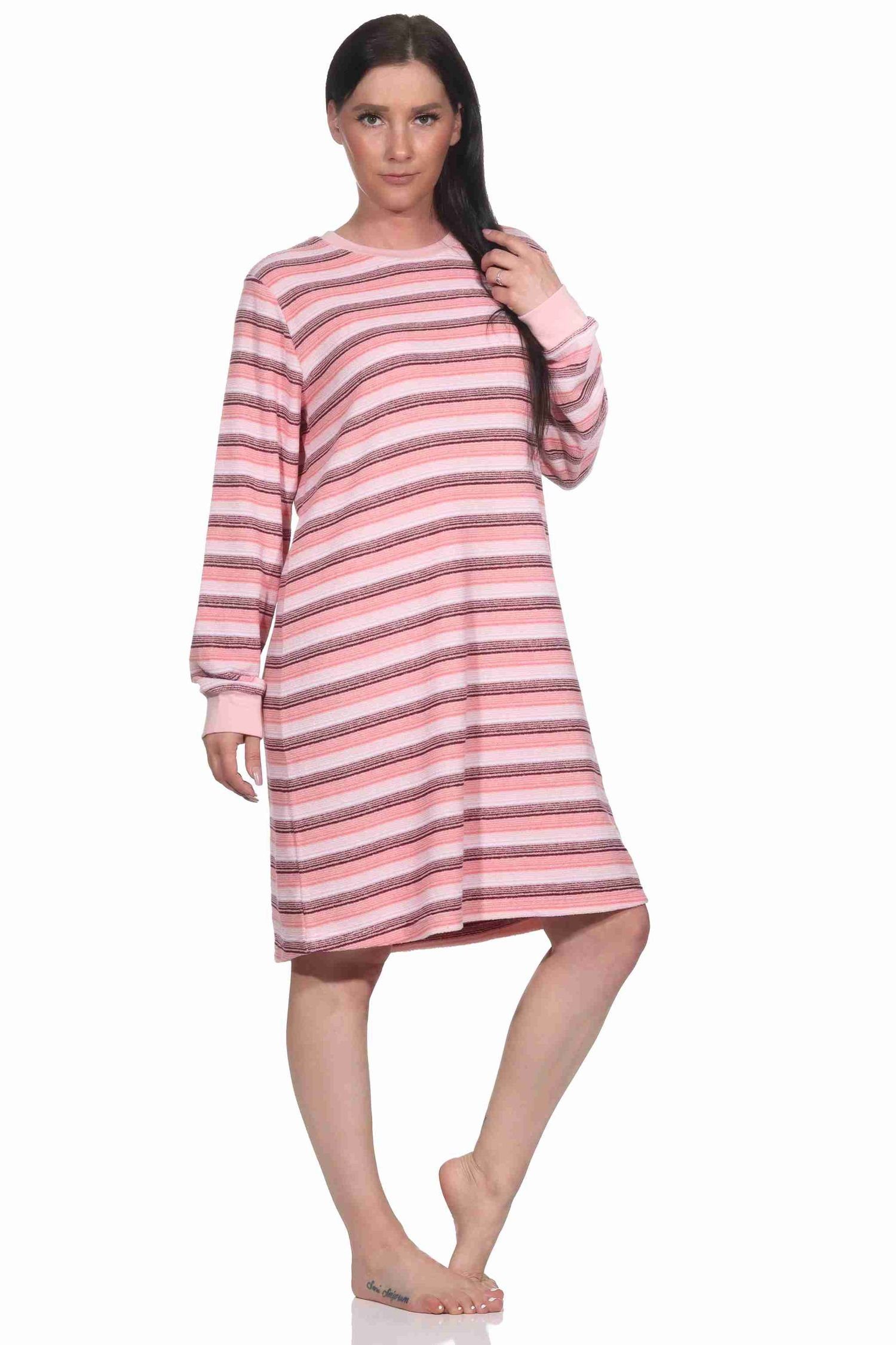 in mit Streifendesign Damen Nachthemd Frottee rosa Bündchen Normann Nachthemd langarm
