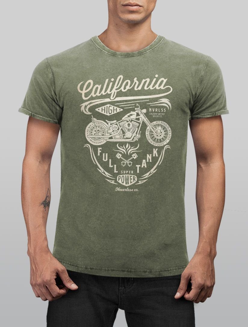 Motorrad Full mit Used Schriftzug Print Neverless® Vintage Neverless California Tank oliv Slim Print-Shirt Biker Shirt Herren Fit Look