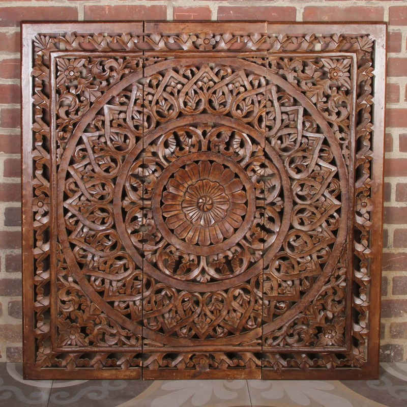 Casa Moro XXL-Wandbild »Orientalisches Holz Wandbild Mandala Hossam 3tlg 90x90 cm«, Blume (3 St), braun handgeschnitzte Wanddeko, MD2039