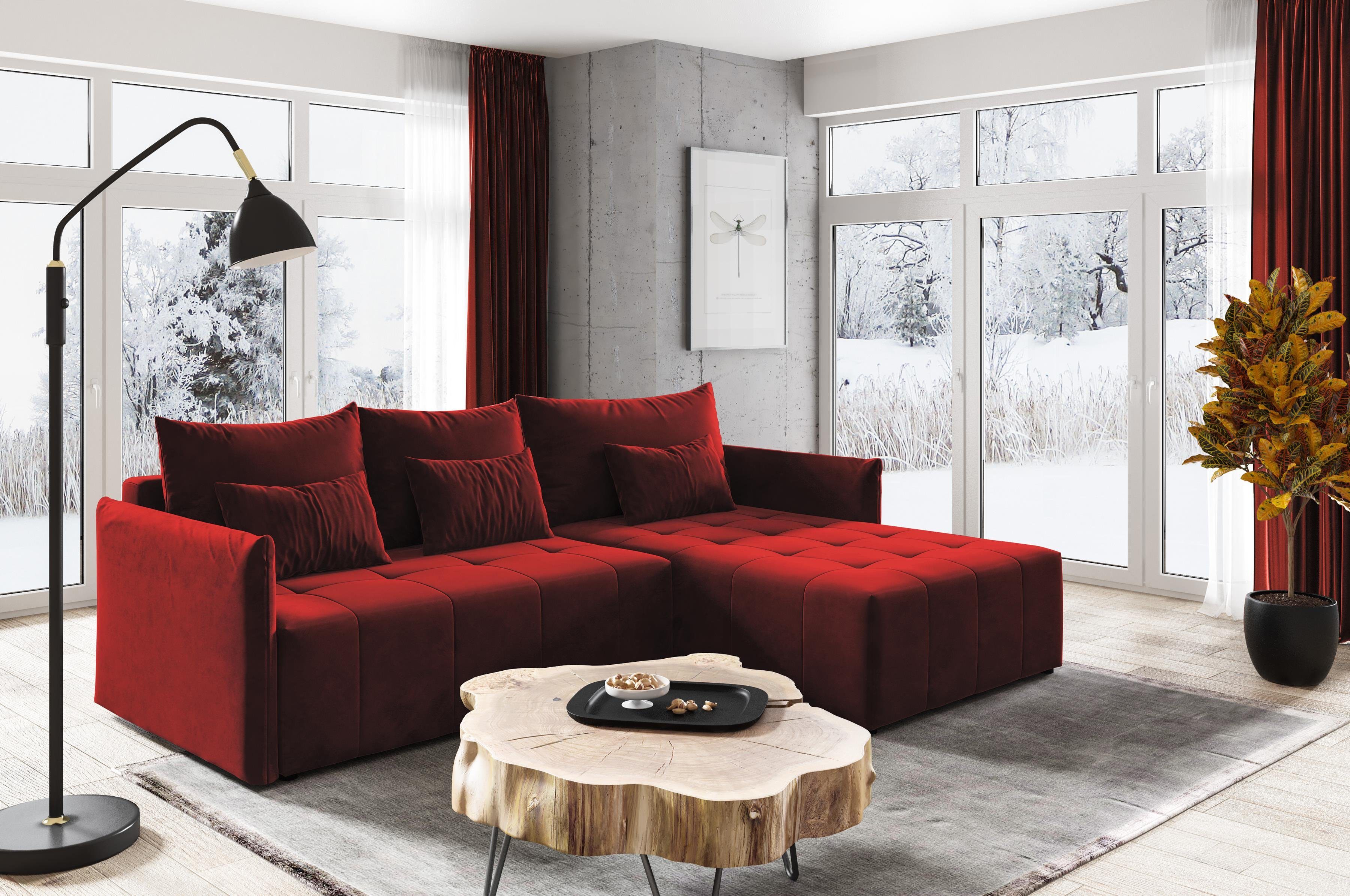 Compleo Ecksofa Schlaffsofa Napoli mit Schlaffunktion und Bettkasten, L-Form, Velour rot