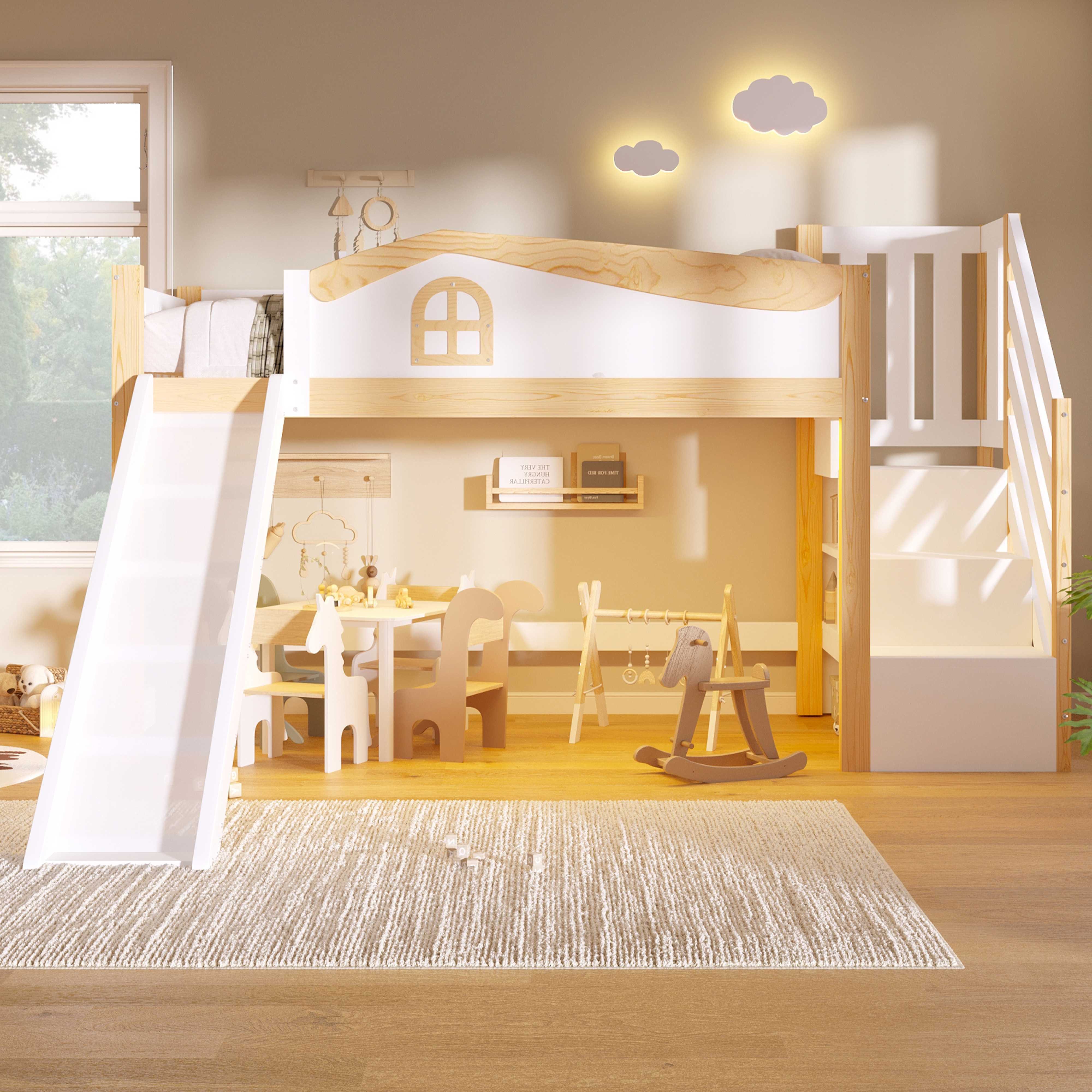 BlingBin Hochbett Halbhochbett Kinderhochbett Spielbett 90x200 cm (inklusive Rutsche, Stauraumtreppe, Schutzgeländer und LED-Lichtleiste) farblich einstellbarer LED-Lichtleiste,ohne Matratze