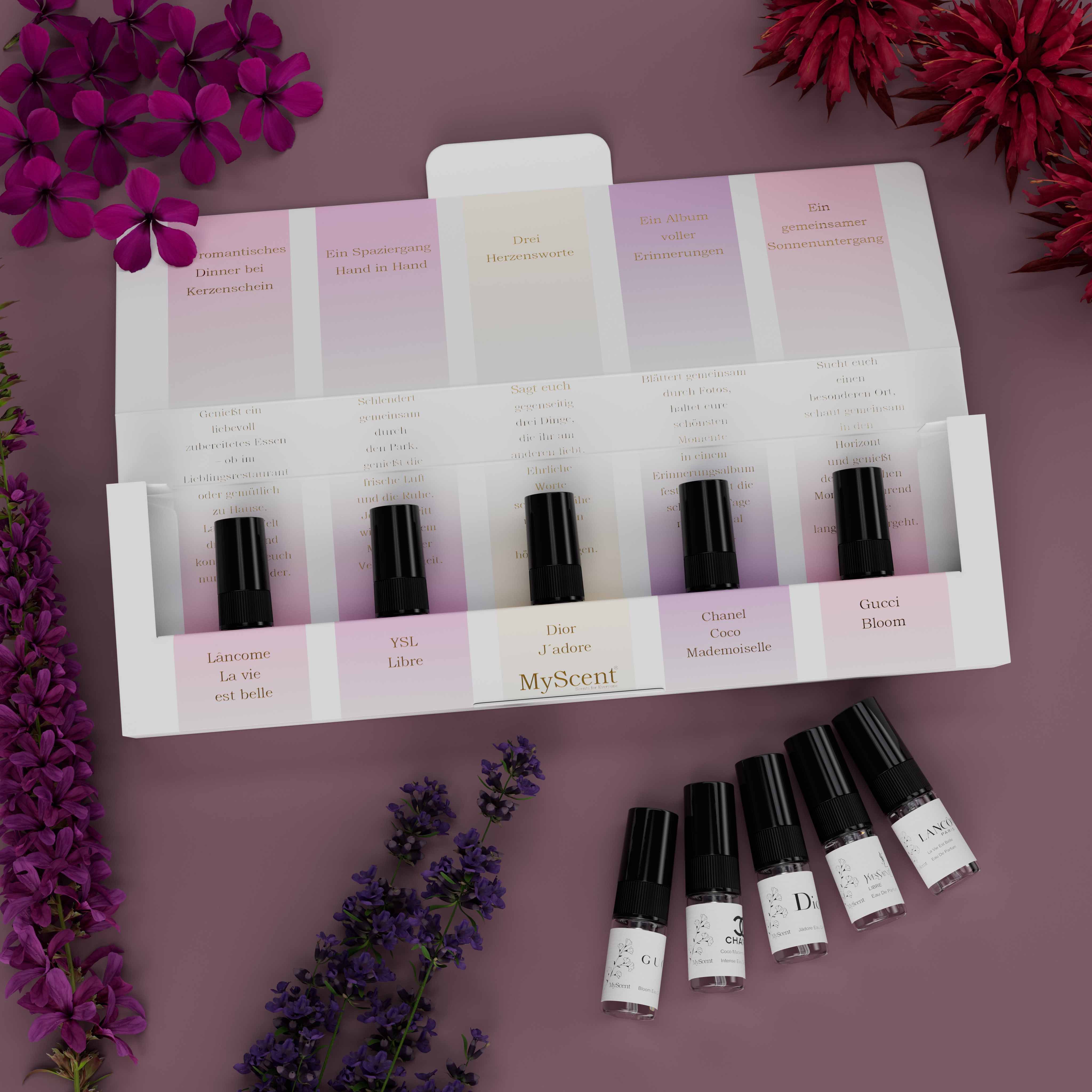 MyScent® Duft-Set Valentinstag Geschenk Mann & Frau, 5 Bestseller Düfte mit 5 Aufgaben für besondere Momente