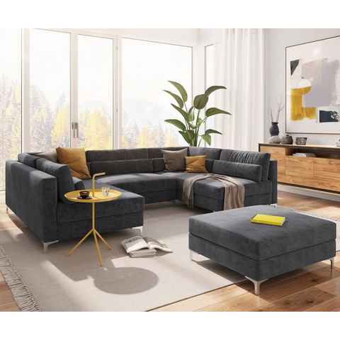 DELIFE Wohnlandschaft Elio, Mikrofaser Graphite 300x185 cm mit Hocker Wohnlandschaft