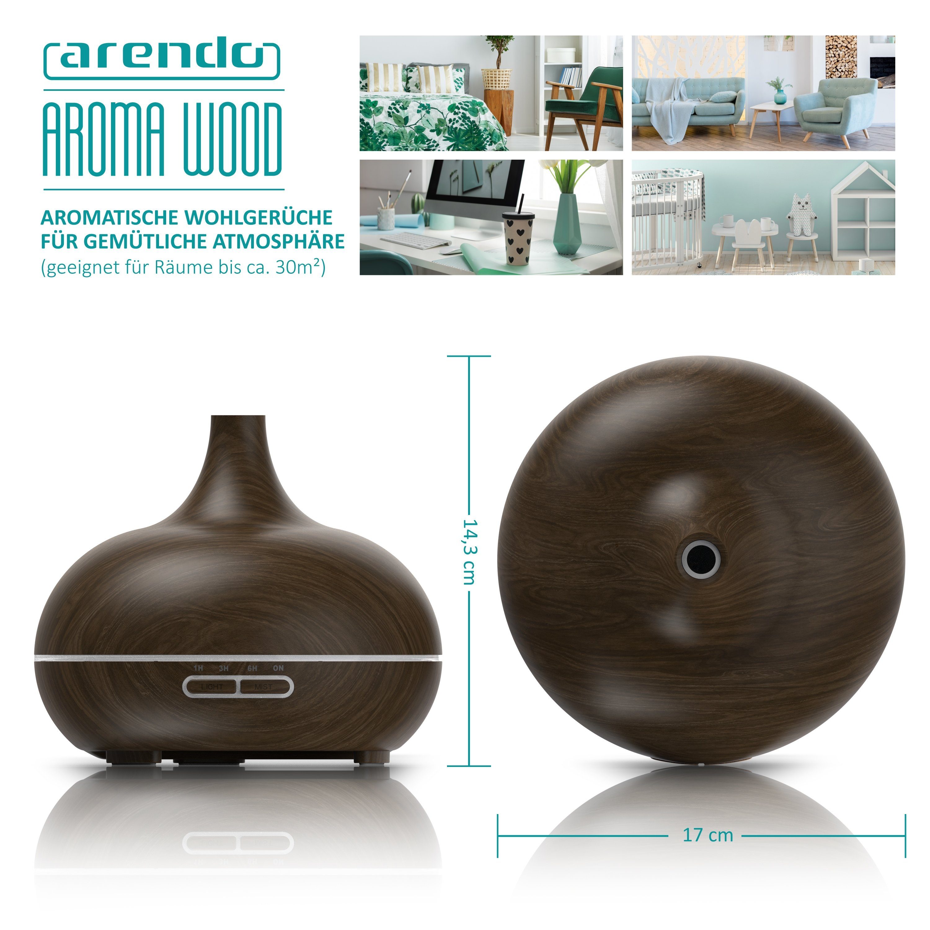 Arendo Diffuser Ultraschall LED Aroma Diffusor 300ml, Luftbefeuchter, Holzdekor, Timer, 0,3 l Wassertank, Raumbefeuchter, Nachtlicht, Dauernebelmodus, leises Betriebsgeräusch