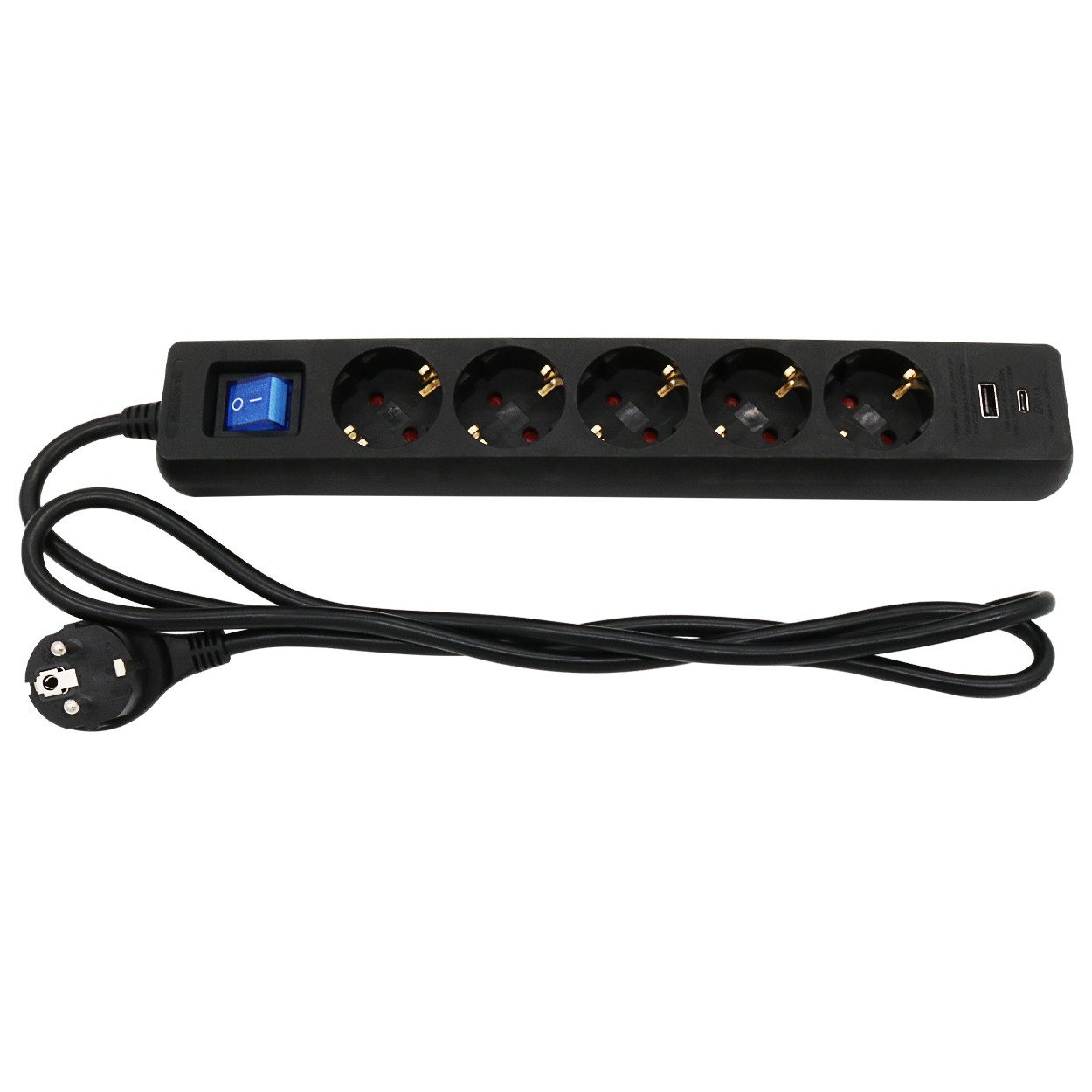ARLI 1,5m Steckdosenleiste schwarz 5 fach mit USB-A + USB-C Steckdosenleiste 7-fach (Schutzkontaktstecker, EIN / AUS Schalter, Kindersicherung, Kabellänge 5 m), flacher Winkelstecker