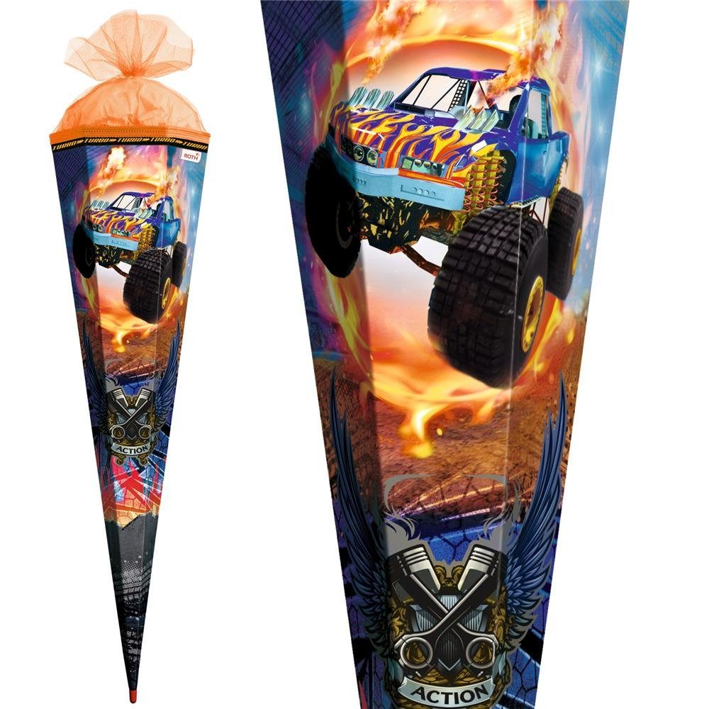 Roth Schultüte Monstertruck Fire mit Spezialborte, 85 cm, eckig, mit orangefarbigem Tüllverschluss, Rot(h) Spitze