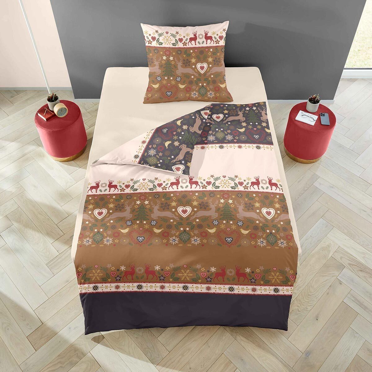 TRAUMSCHLAF Bettwäsche Hirsche Weihnachten, Biber, 2 teilig, Biberbettwäsch günstig online kaufen