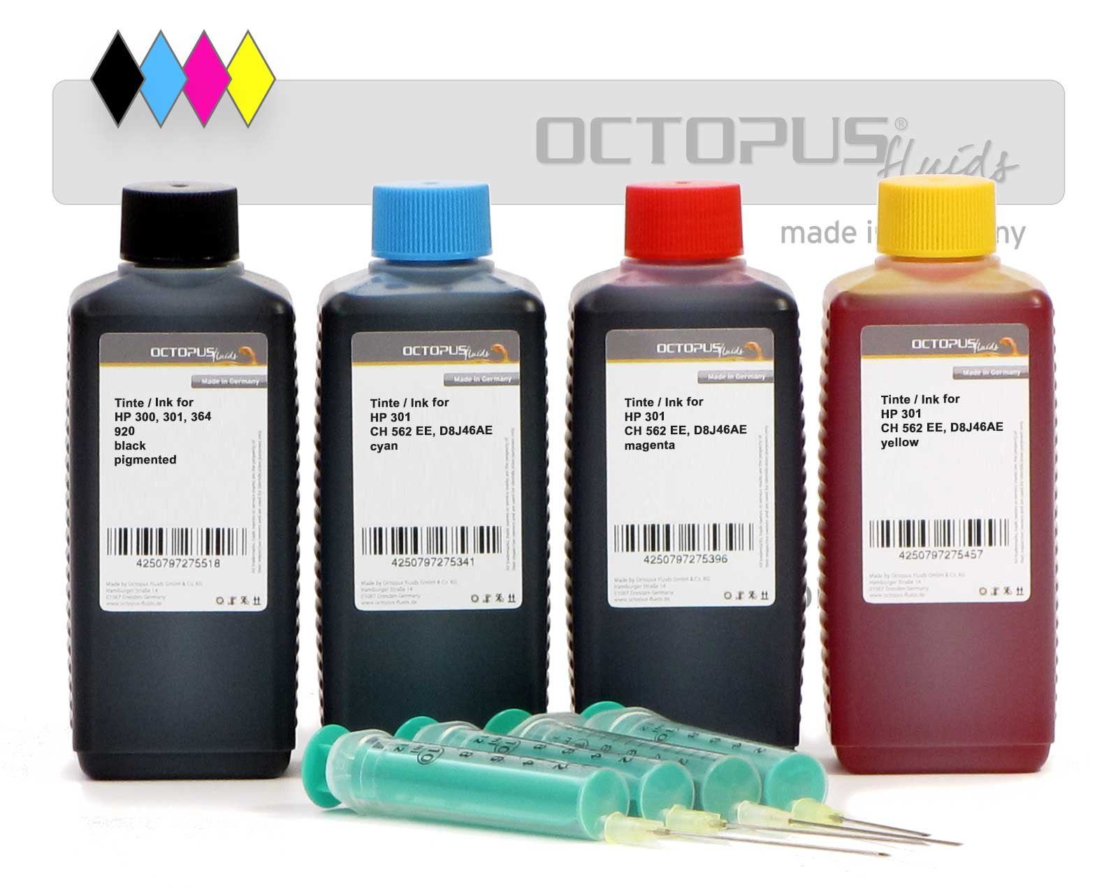 OCTOPUS Fluids Druckertinten Komplettset für HP 301, alle vier Druckerfarben inkl. Nachfülltinte (für HP, 4x 100 ml)
