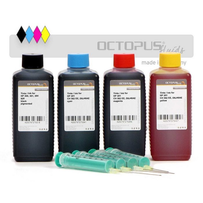 OCTOPUS Fluids Druckertinten Komplettset für HP 301 alle vier Druckerfarben inkl. Nachfülltinte (für HP 4x 100 ml)