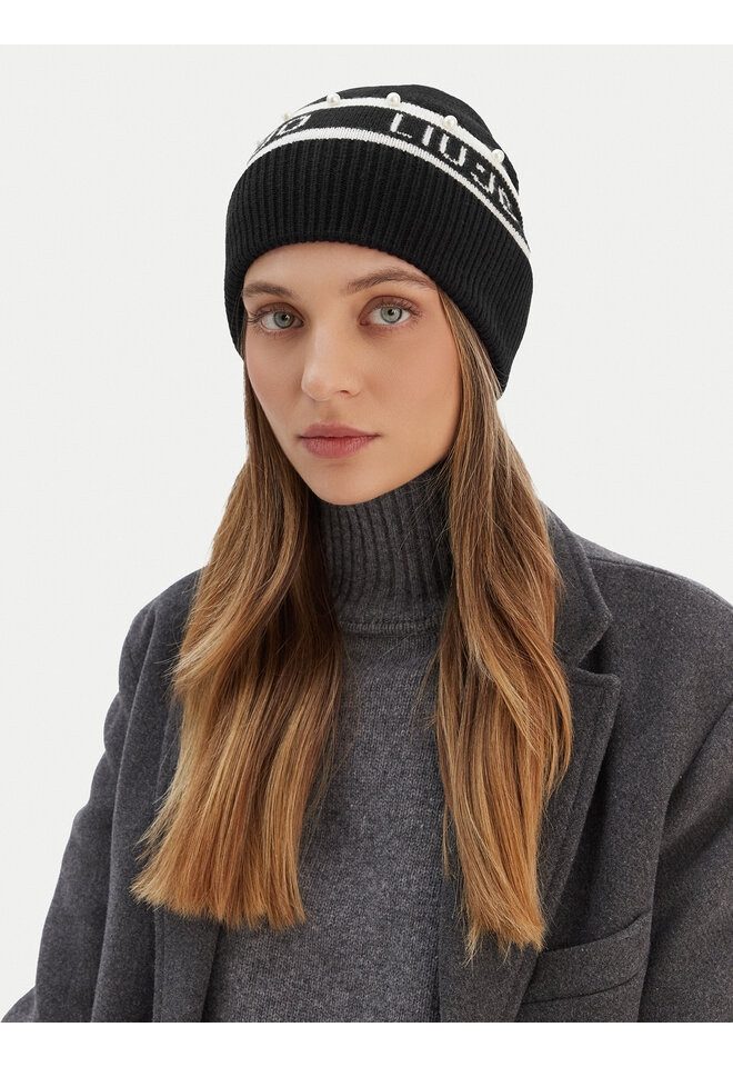 Liu Jo Beanie ? Damen Strickmütze mit Logo & Perlen ? Winter Beanie Schwarz