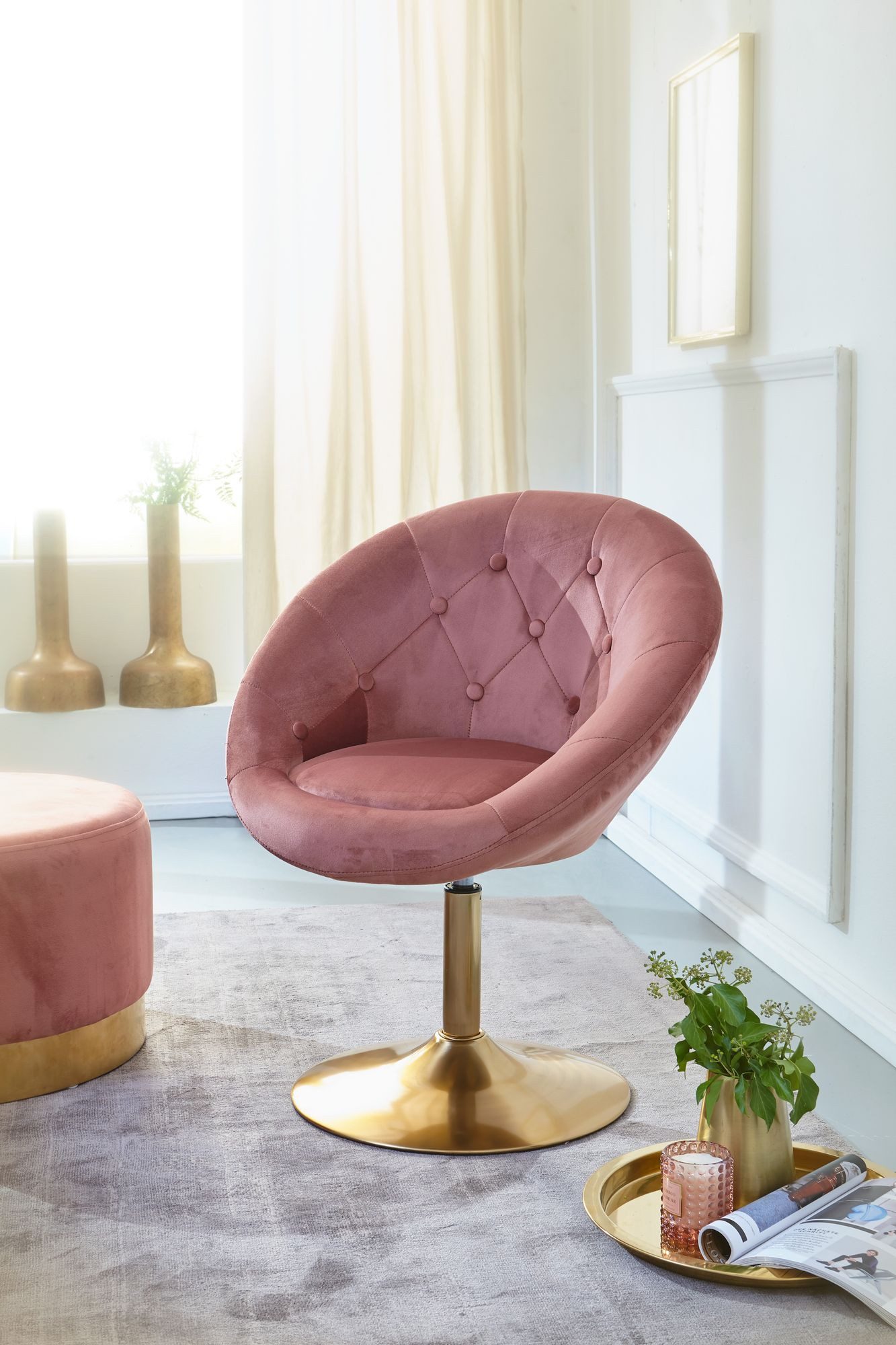 Wohnling Polsterstuhl Loungesessel Drehstuhl Clubsessel Samt Rosa Cocktailsessel Barsessel (Samt Rosa / Gold Design Drehstuhl mit Rückenlehne), Clubsessel Lounge, Relaxsessel Loungesessel