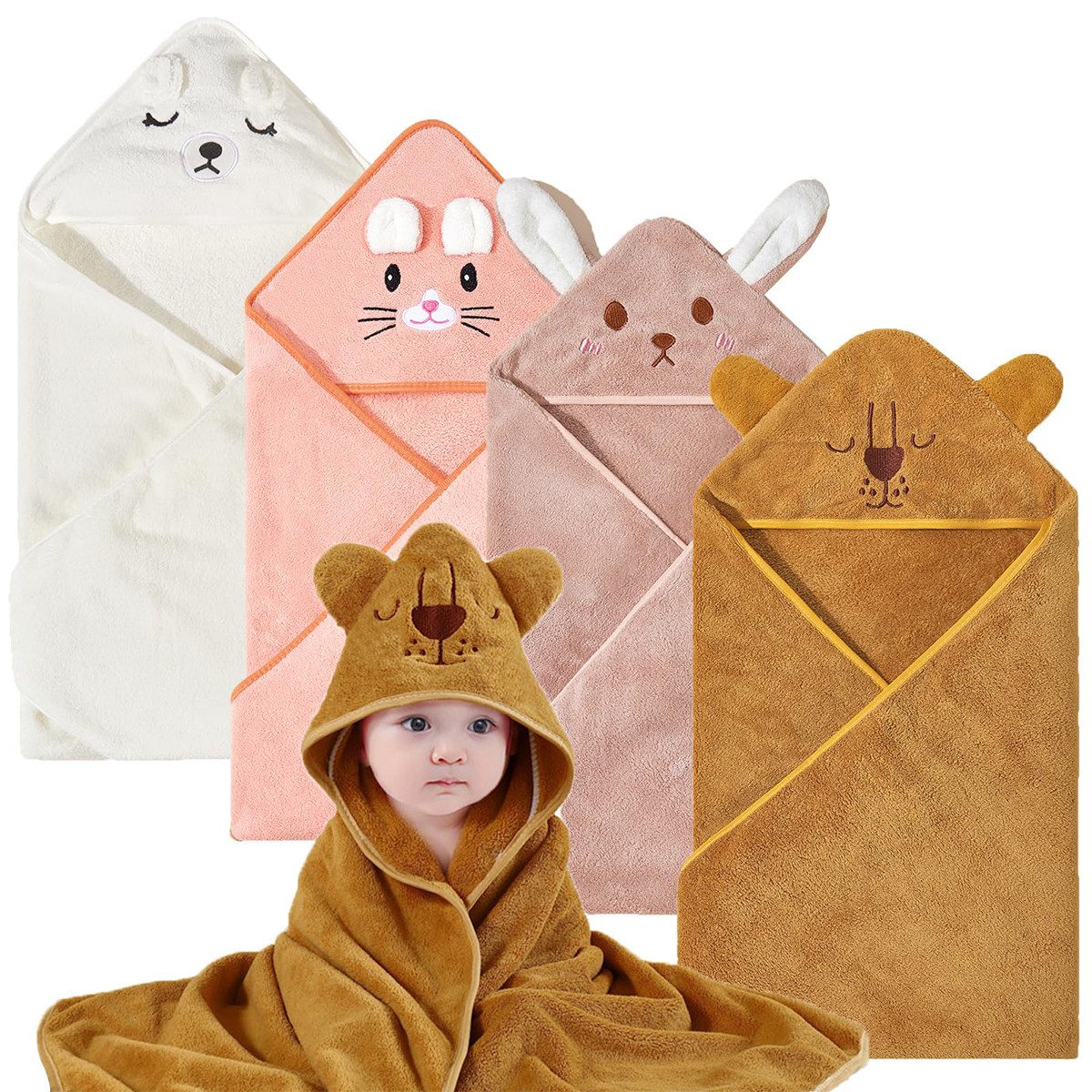 WELIKERA Kapuzenhandtuch 4er Set Babybadetuch, Weiche Kapuzenhandtücher aus Korallenfleece (4-St), für Neugeborene - 80 x 80 cm mehr