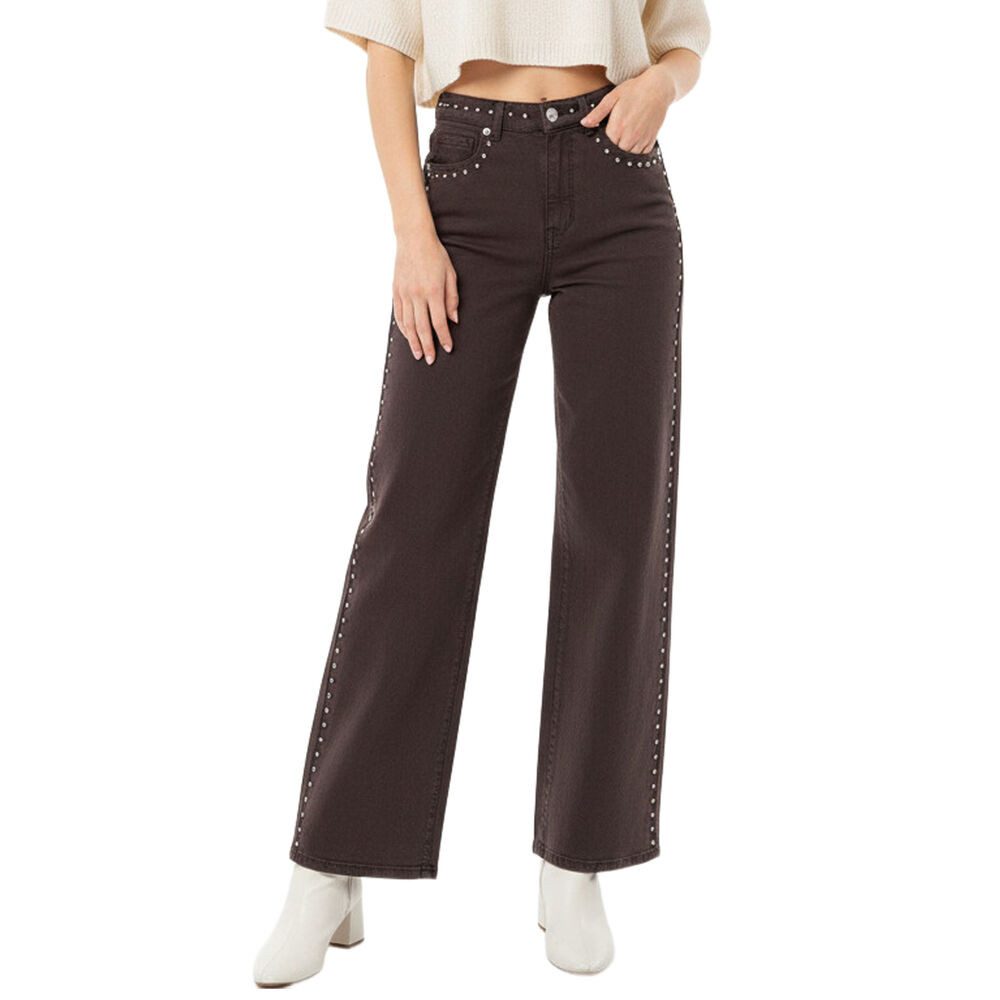 Ital-Design Dad-Jeans Damen Nieten-Jeans Straight Fit High Waist (91767213) Nieten Stretch High Waist Jeans in Braun