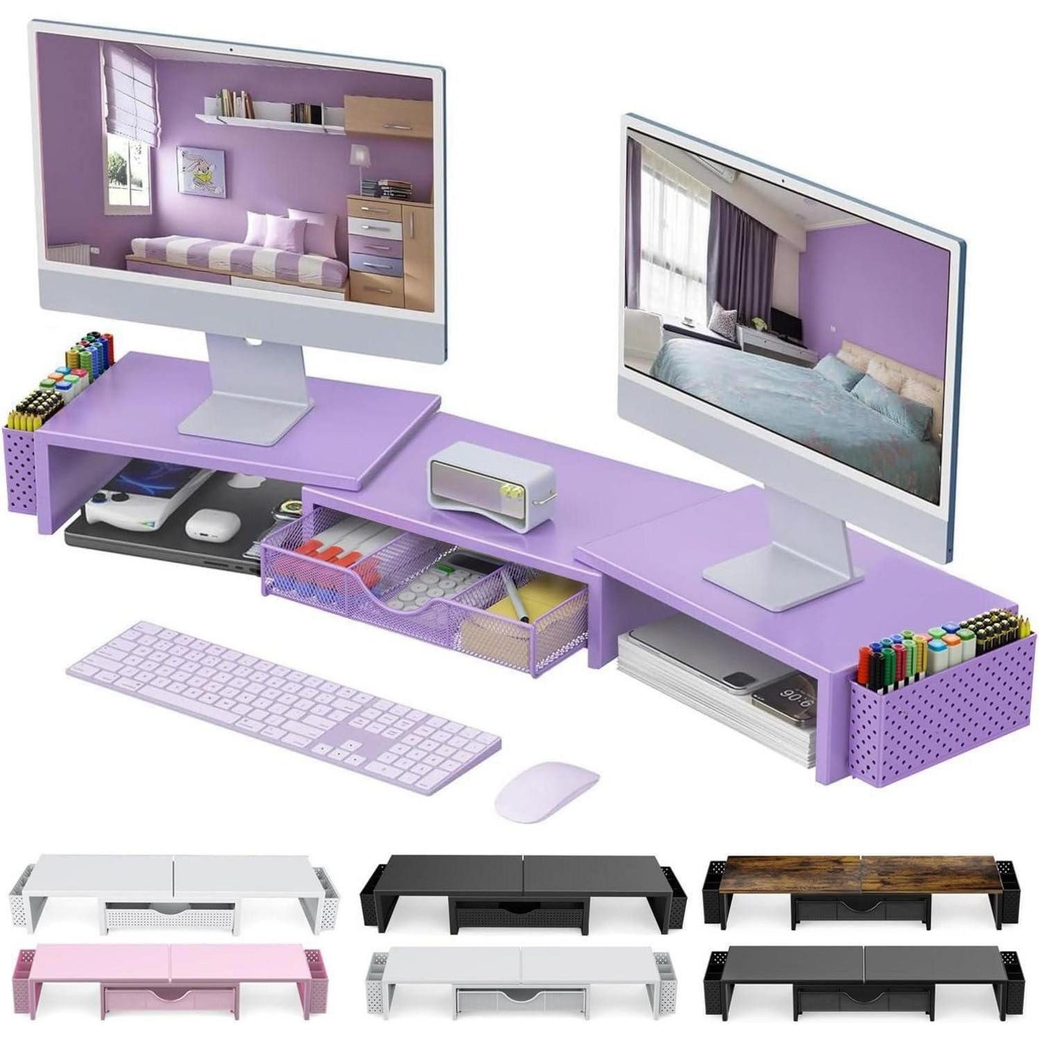 LuxusKollektion Monitorständer Doppel Monitorständer Metall mit Schublade Lila, (1-tlg)