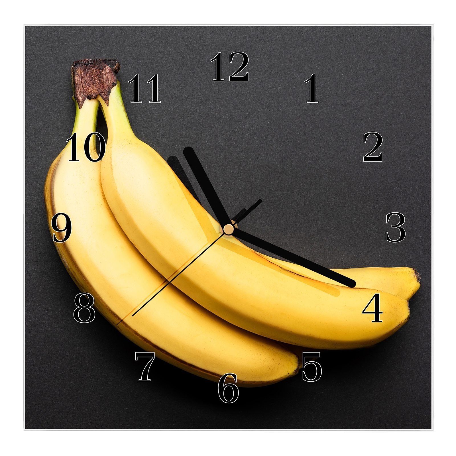 Primedeco Wanduhr Glasuhr Wanduhr Wandkunst Größe 30 x 30 cm mit Motiv Bananen