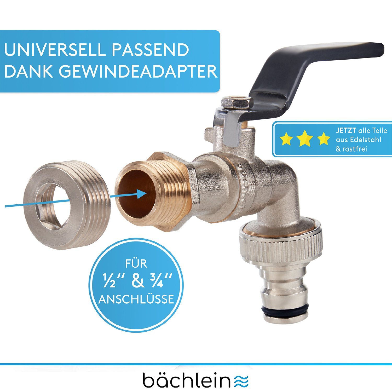 Bächlein Absperrventil Wasserhahn für den Garten - inkl. Adapter und PTFE-Tape