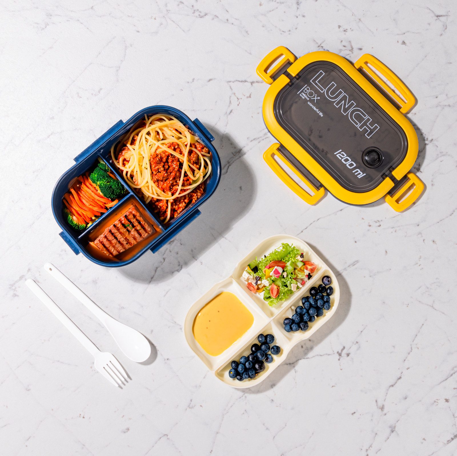 Haushalt International Lunchbox Brotbox Lunchbehälter 1200ml Gelb Blau + Löffel / Gabel, Kunststoff, (Stück, 1-tlg., Packung), Kunststoff, Besteck, Luftdicht, Meal Prep
