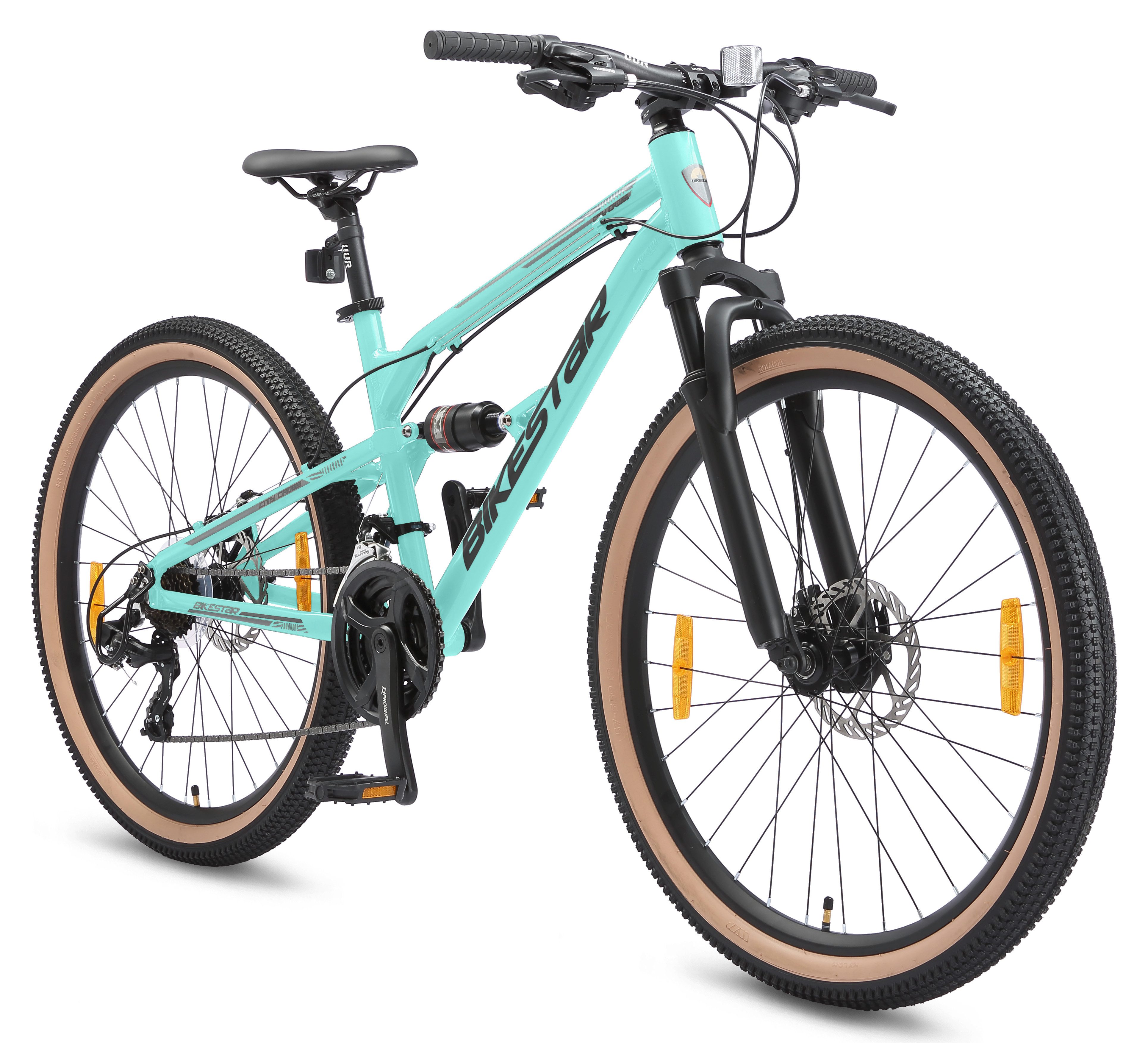 Bikestar Mountainbike 26 Zoll, ab 155 cm, Aluminium, Damen, Herren, 21 Gang Shimano Tourney RD-TY300 Schaltwerk, Kettenschaltung, Scheibenbremse, Rahmen 39.4 cm, Vollgefedert