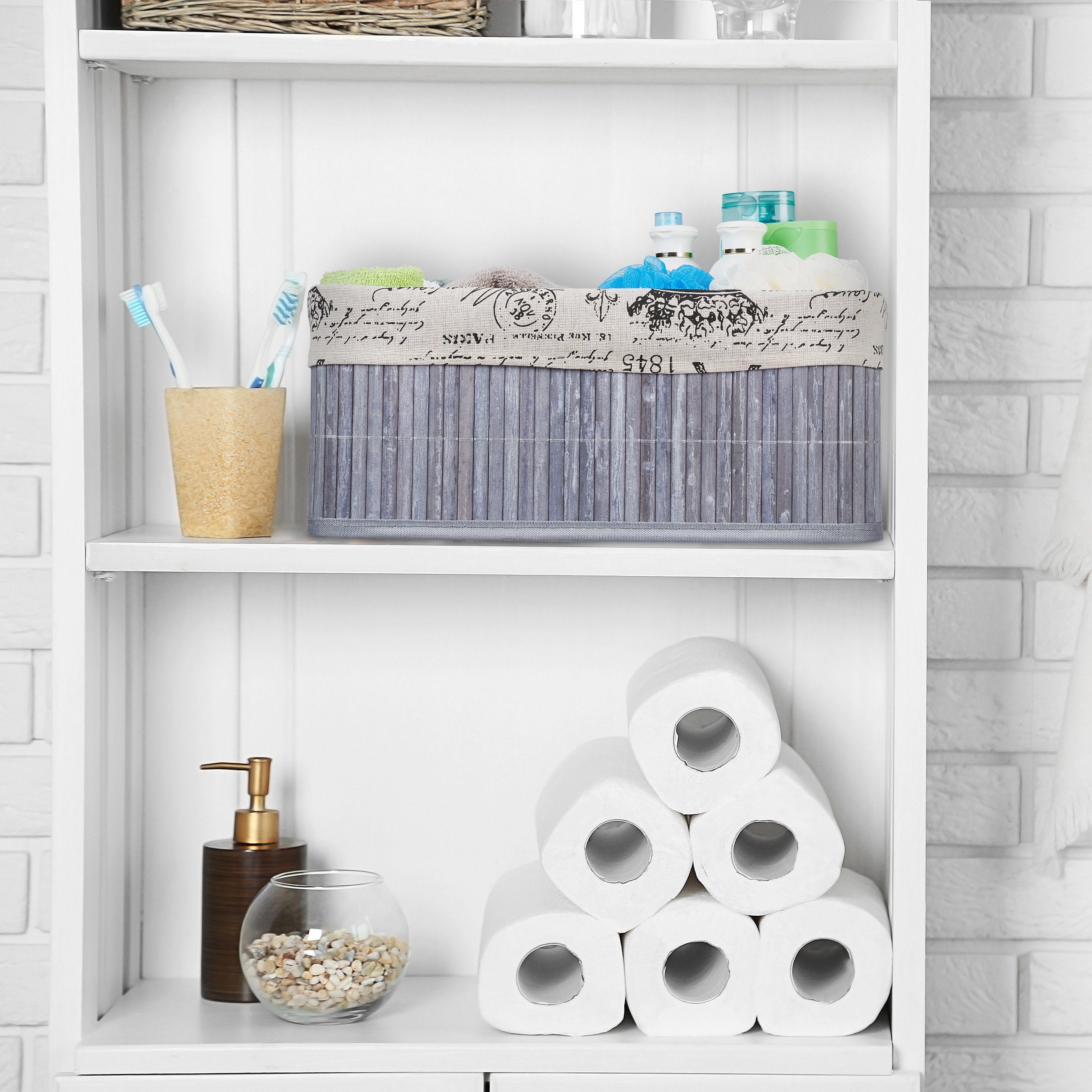 relaxdays Aufbewahrungskorb Bambus mit Print, Grau günstig online kaufen