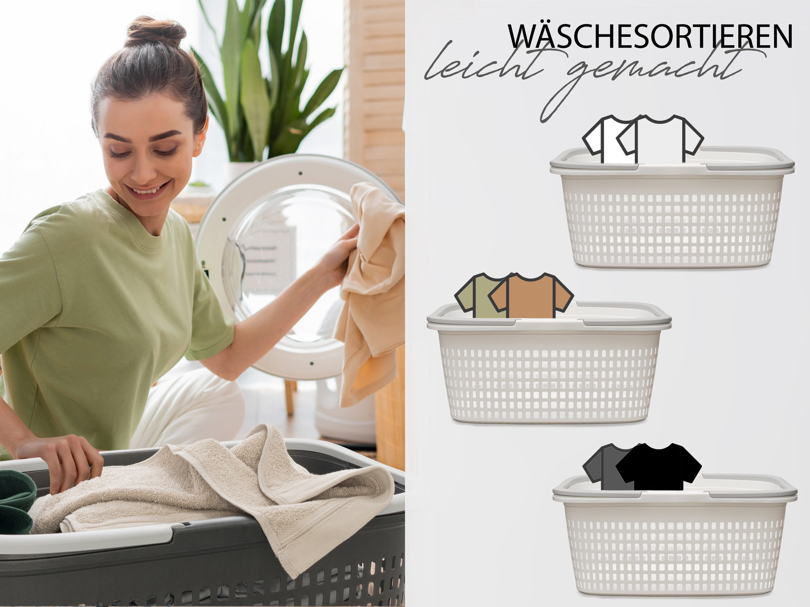 Hausfelder Wäschekorb Wäschewanne 58x37x25cm (Weiß, 2 Körbe, 35 l) (Set, 2 St., 2 x Wäschekorb), mit klappbaren Henkeln, mit Griffen, 35 Liter – Bild 5 von 5