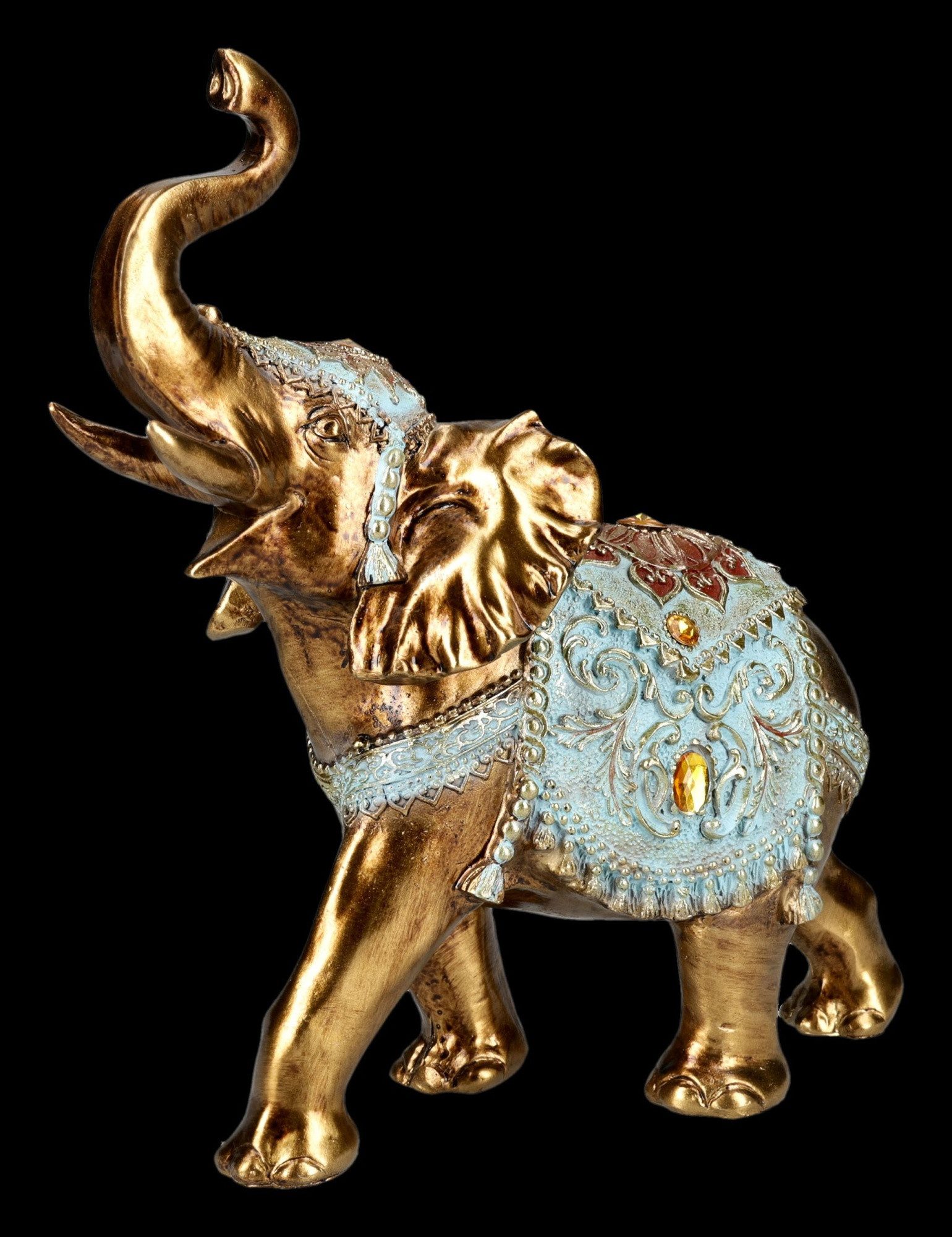 Figuren Shop GmbH Dekofigur Glückselefant Figur – Gold Dekofigur Statue mit Schmucksteinen 23 cm