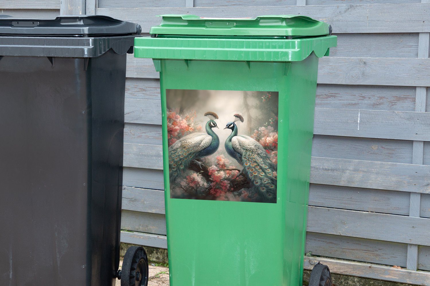 MuchoWow Wandsticker Pfaue Pfauenfedern Container, Abfalbehälter - Sticker, Natur (1 Mülltonne, - - St), Mülleimer-aufkleber, Vögel