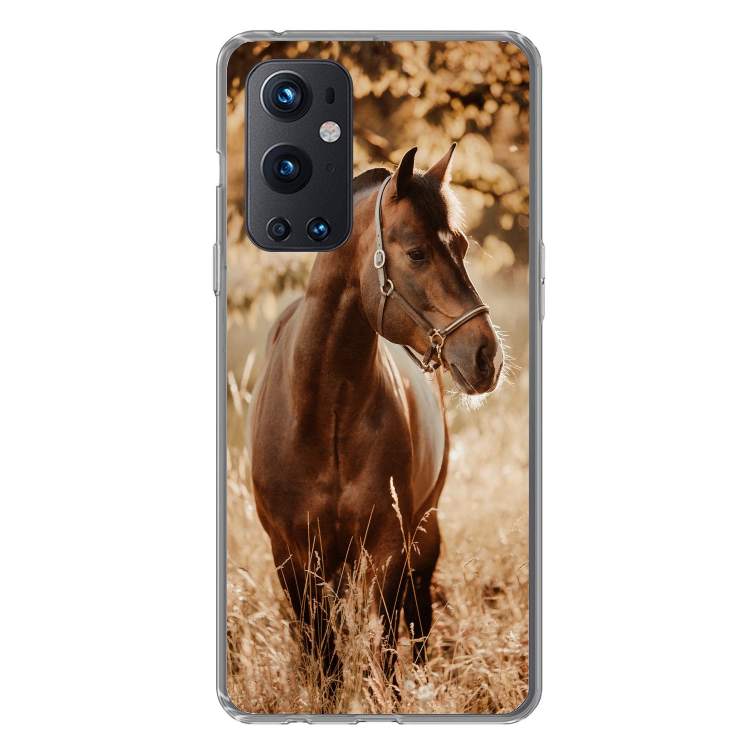 MuchoWow Handyhülle für OnePlus 9 Pro Pferd - Sonne - Porträt - Natur - Braun, Phone Case, Silikon, Schutzhülle Dünn