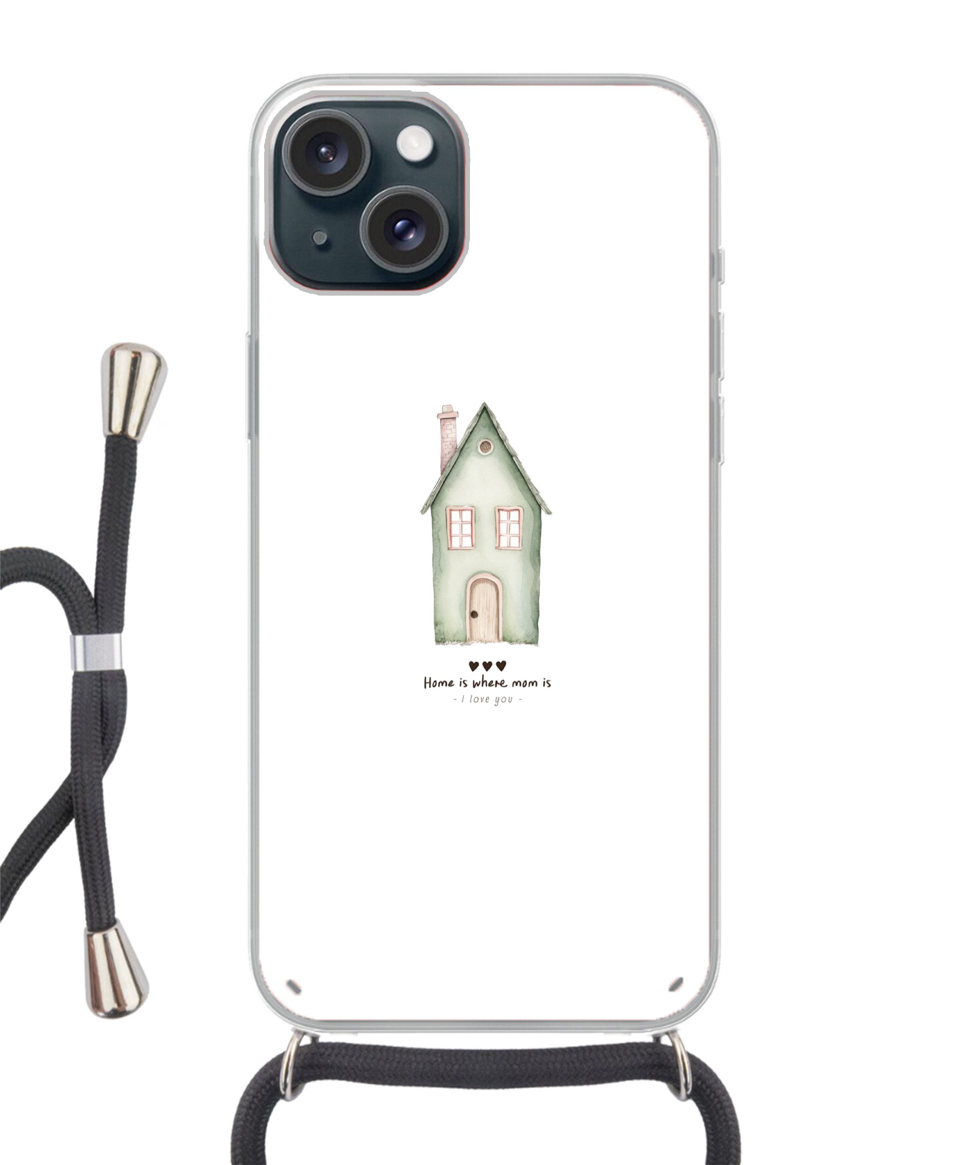 MuchoWow Handyhülle für Apple iPhone 15 Landhaus - Grün - Text - Liebevoll, Tragbare Handyhüllen mit Kette zum umhängen, Handykette Handyband