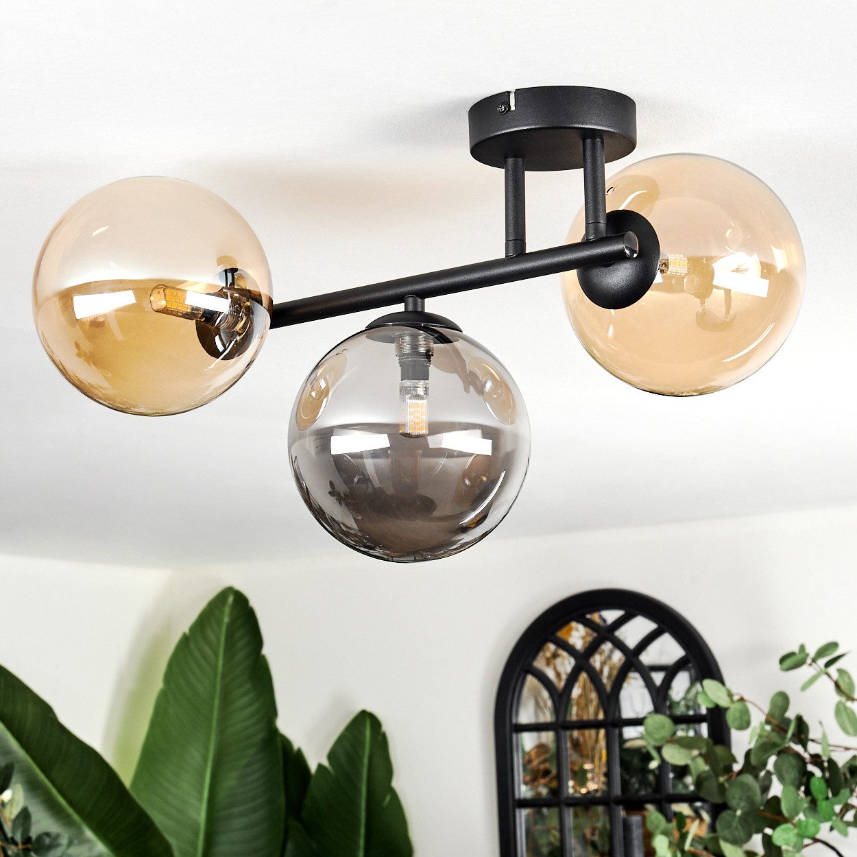 hofstein Deckenleuchte Deckenlampe aus Metall/Glas in Schwarz/Rauch-/Bernst günstig online kaufen