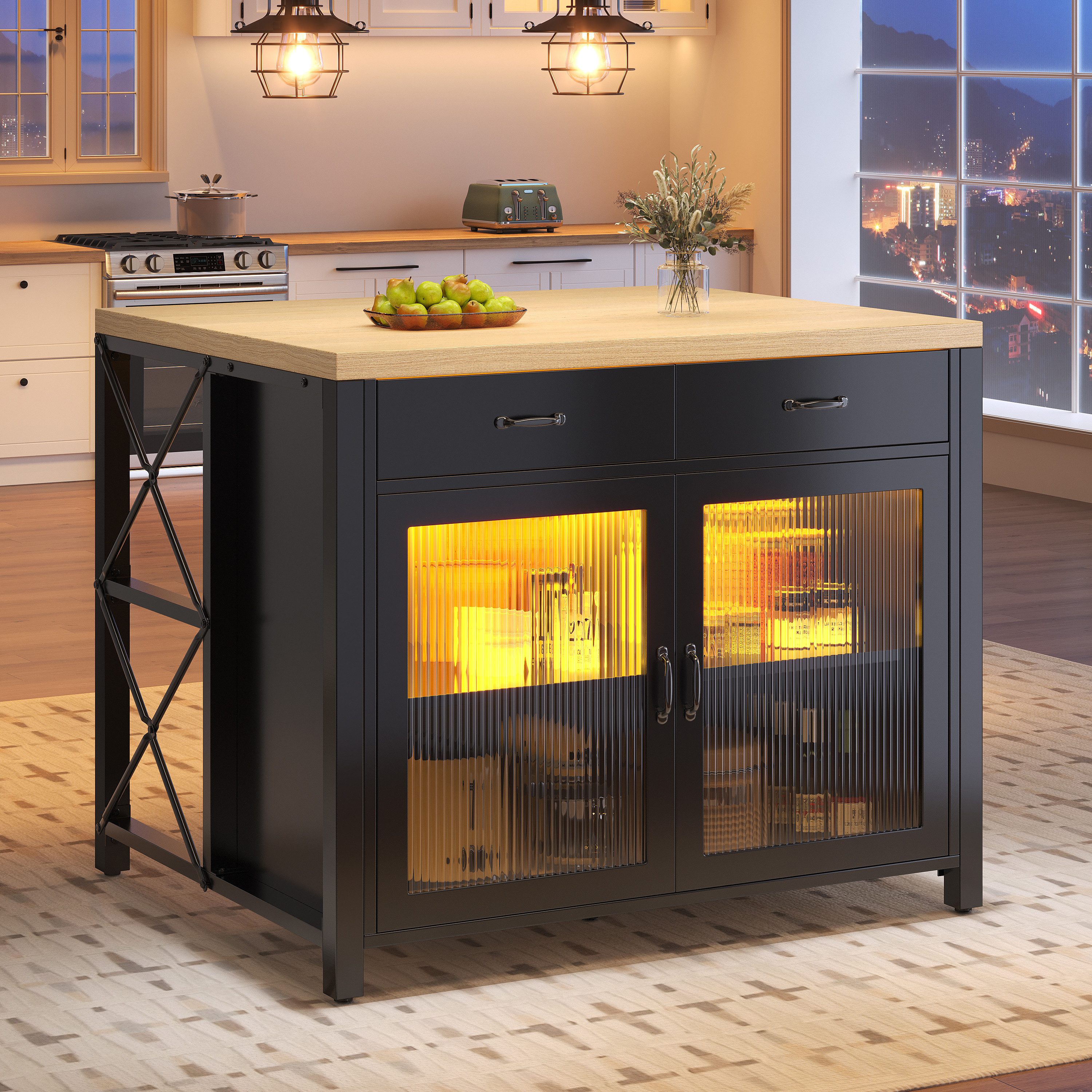 Odikalo Kücheninsel mit Arbeitsplatte und LED, (Kaffeebartisch, geeignet für Wohnzimmer, Esszimmer, Desktop-Oberfläche mit Holzstruktur, verstellbare Füße)