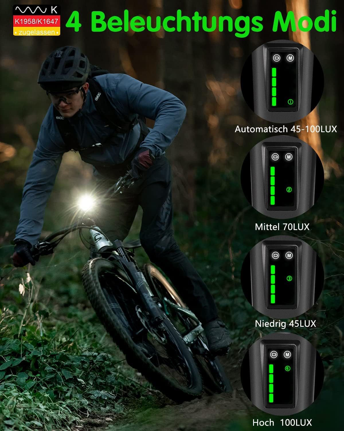 Kityhome Fahrradbeleuchtung Fahrradlicht USB Aufladbar, 100 LUX Vorne+ Rücklicht Fahrradlicht Set, Mit 4 Beleuchtungsmodi und Auto Modi, IPX5 Wasserdicht