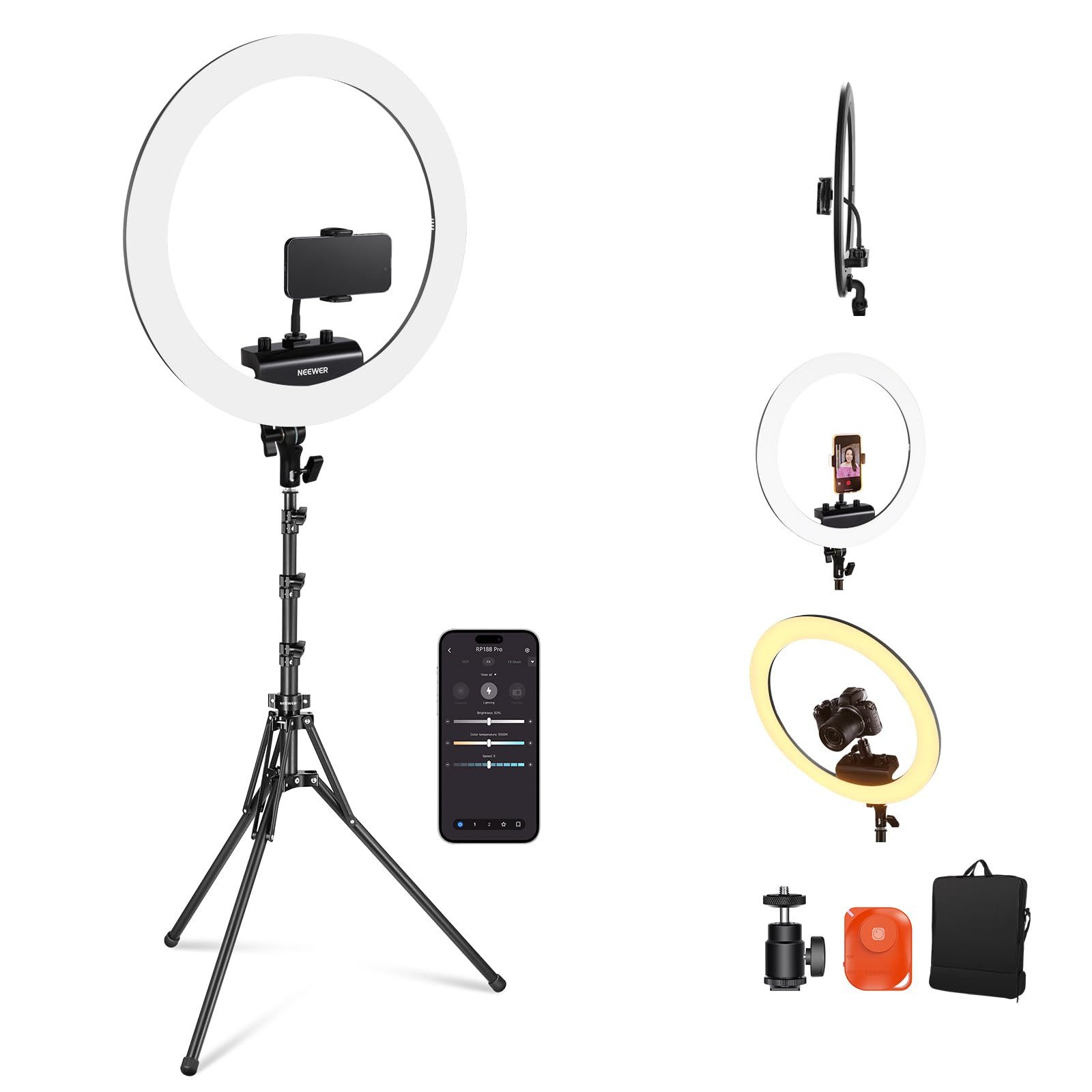 Neewer Ringlicht RP18B Professionelles Ringlicht 45W, 18" dünn, mit Telefonhalter, mit Ständer, Fernauslöser und App Steuerung, für Make up Live Stream