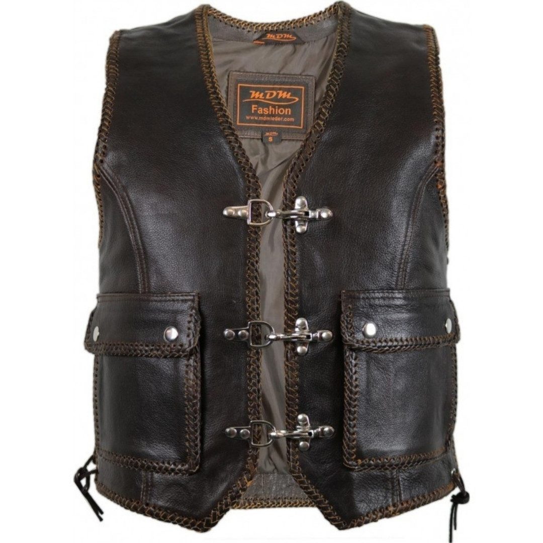 MDM Motorradweste Herren Chopper Lederweste Braun Rindsleder Biker Kutte (Braune Chopper Lederweste mit Schnallen, Große Außentaschen) Braune Chopper Lederweste mit Schnallen, Seitenweite und Taschen