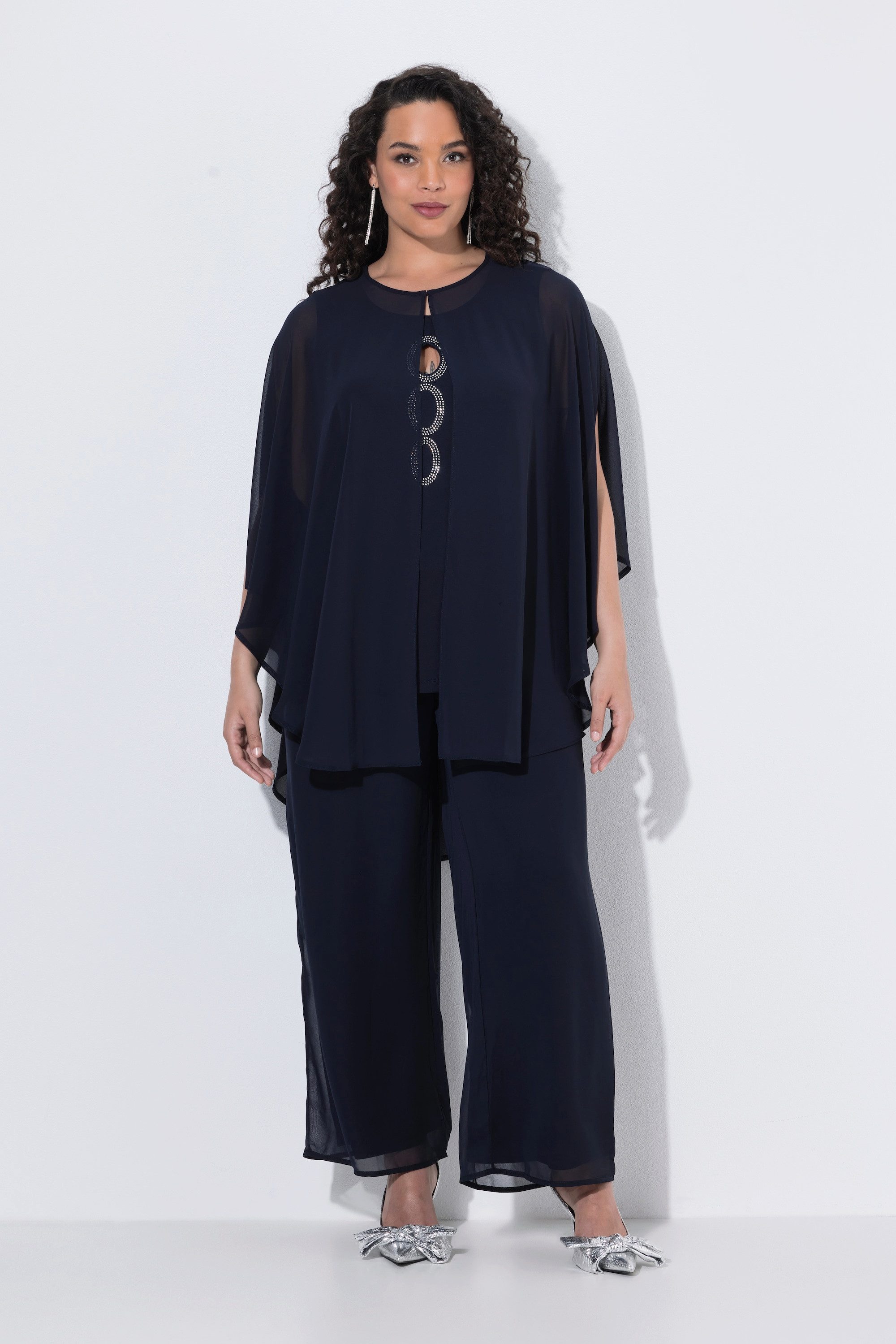 Ulla Popken Longbluse Chiffon-Bluse doppellagig Oversized Ziersteine