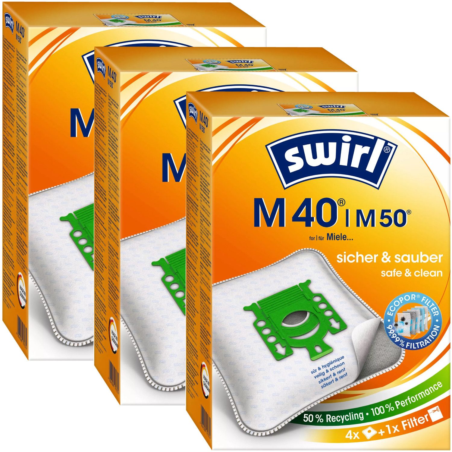 Swirl Staubsaugerbeutel Swirl M50 M 50, passend für Miele Staubsauger, inkl. 3 Filter - zuschneidbar, 12 St., Optimale Passform, EcoPor Qualität für lange Nutzungsdauer