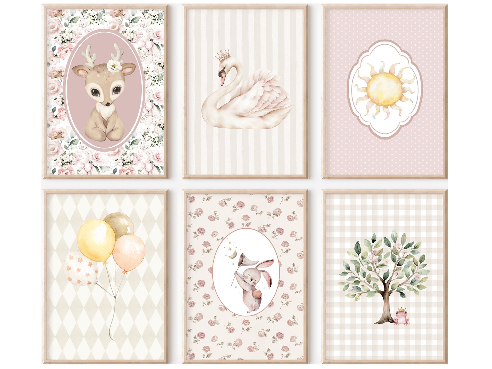 homestyle-accessoires Poster Kinderzimmer Bilderwand 6erSet Bilderset Babyzimmer BAMBI SONNE SCHWAN