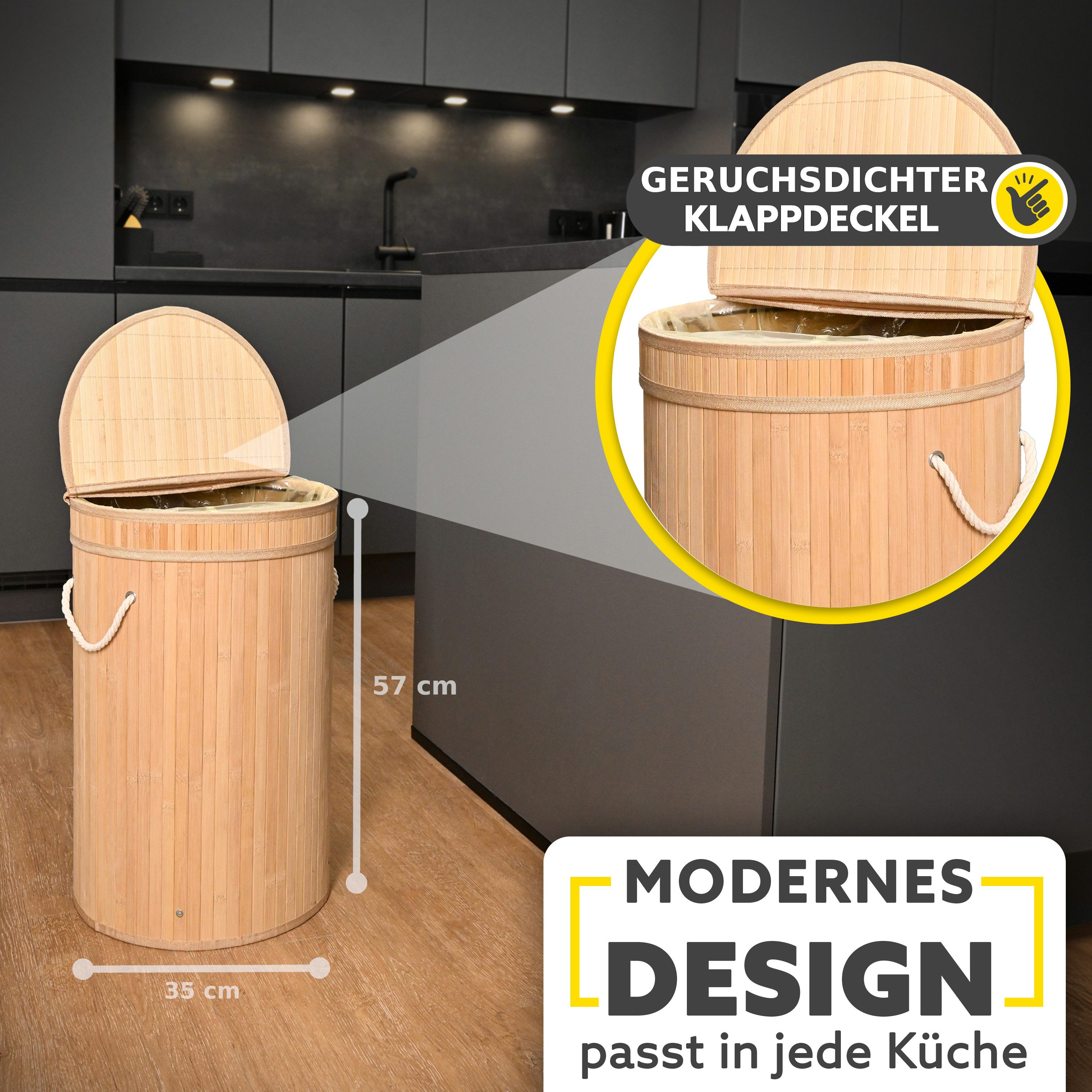 HANDFILL Flaschensammler Wäschekorb, Pfandflaschensammler & für Gelbe Säcke Rund Bambus 55L (Mehrzweck Bambusständer Set für Gelbe Säcke, Pfandflaschen & Wäsche – Bild 4 von 5