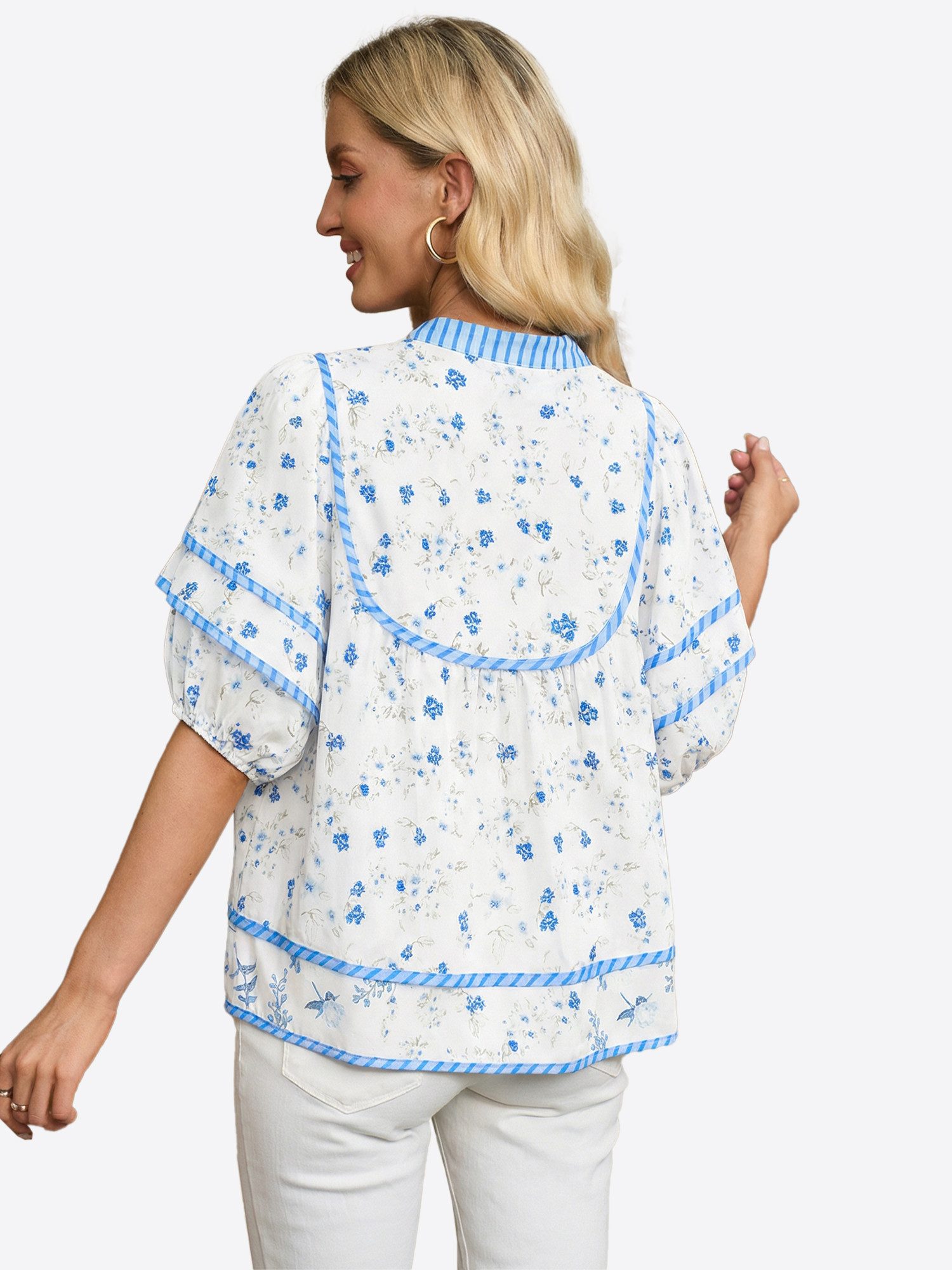 Imily Bela Kurzarmbluse Damen Babydoll Tops mit Blumenmuster (Packung, 1-tlg., 1per-Pack) mit V-Ausschnitt – Bild 3 von 5