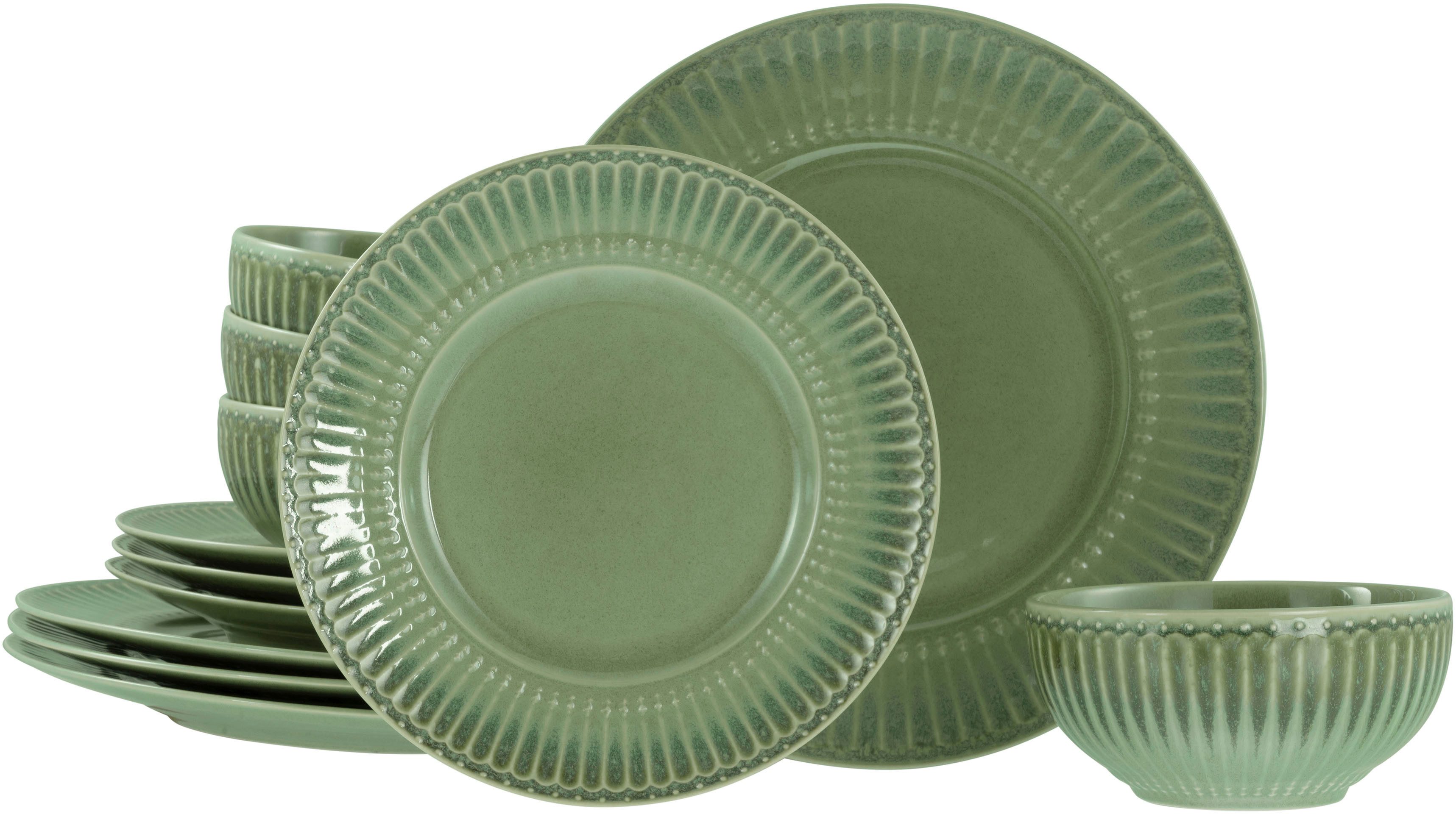 CreaTable Teller-Set Celadon, Teller Set 12-tlg. (12-tlg), 4 Personen, Steinzeug, Elegantes Stabrelief, Farbverlauf