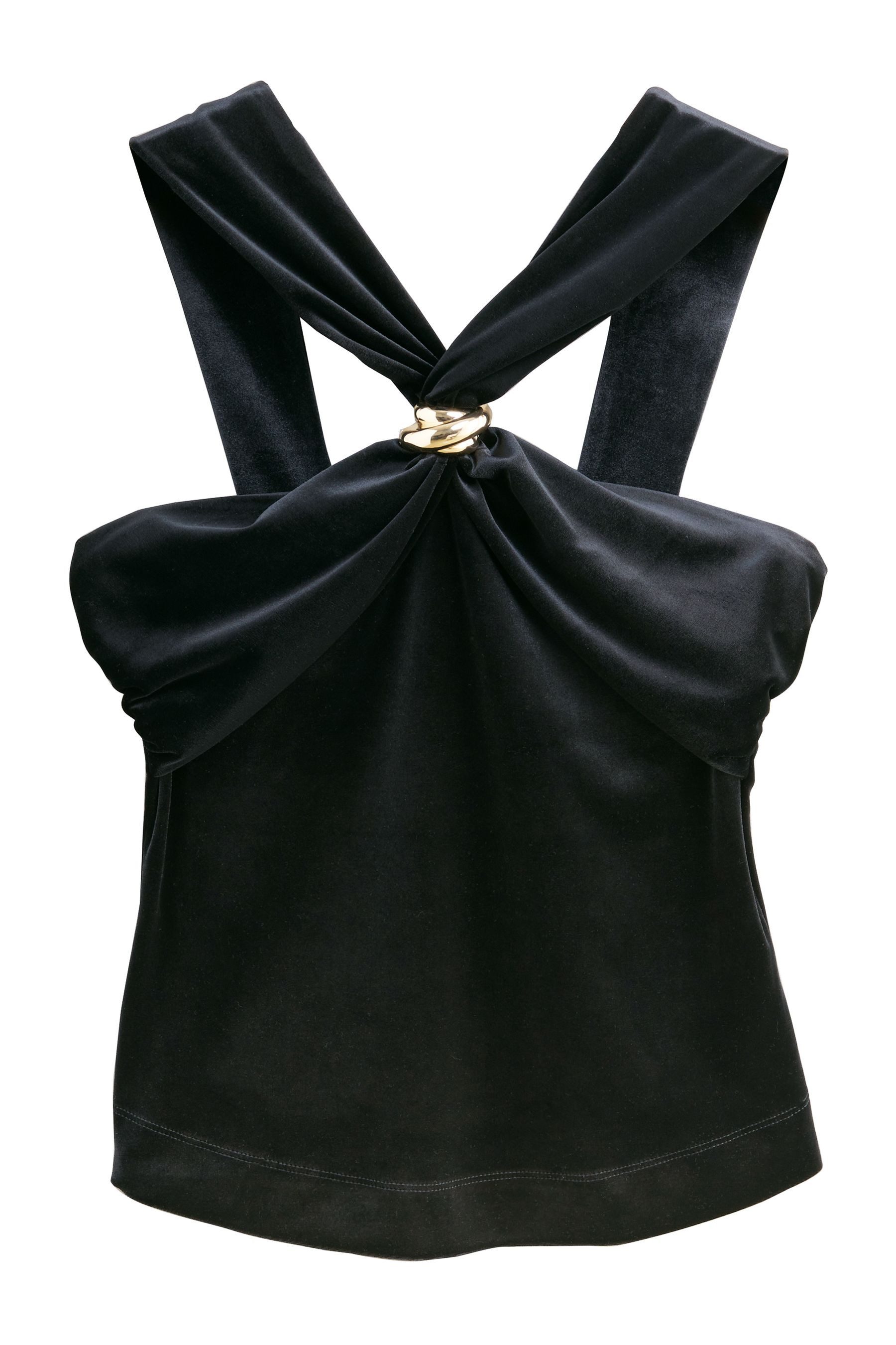 Kurzarmbluse Neckholder-Top aus Samt mit Metalldetails