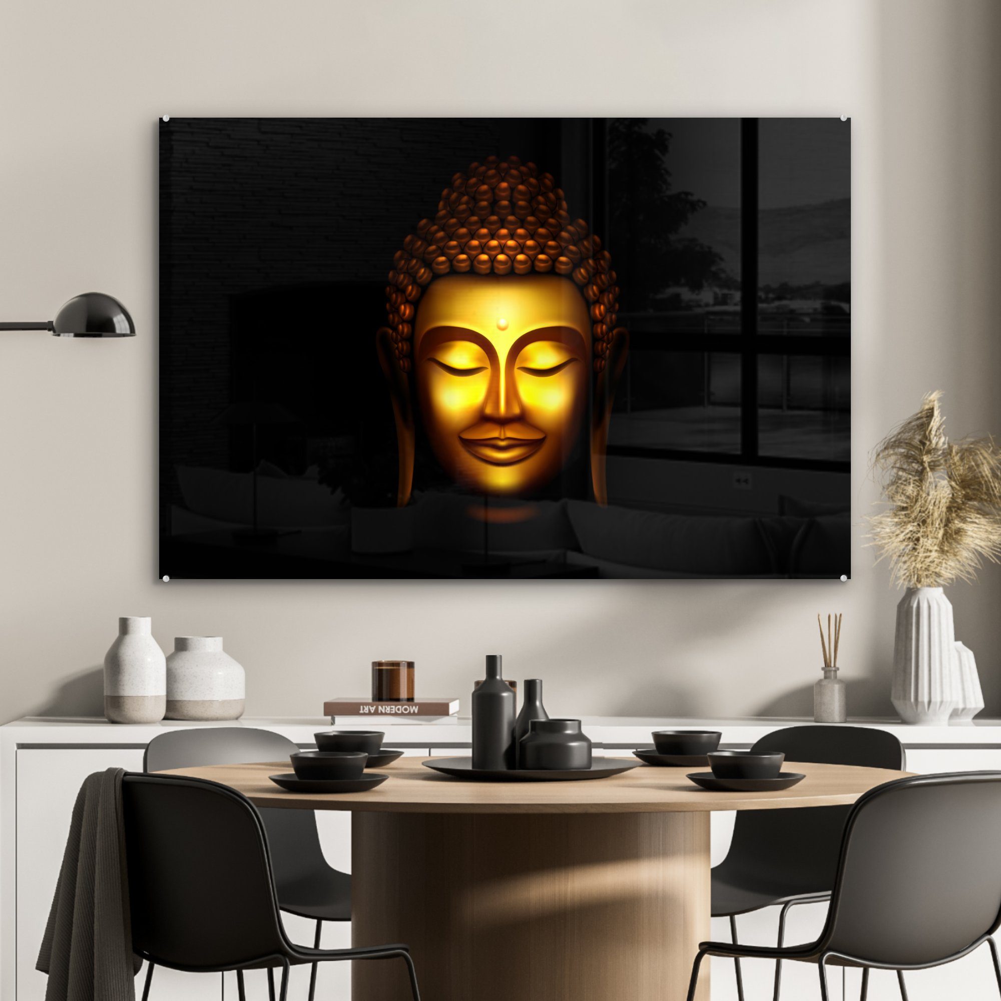 MuchoWow Acrylglasbilder - Gold & Schwarz, Wohnzimmer Schlafzimmer Acrylglasbild (1 St), Buddha -