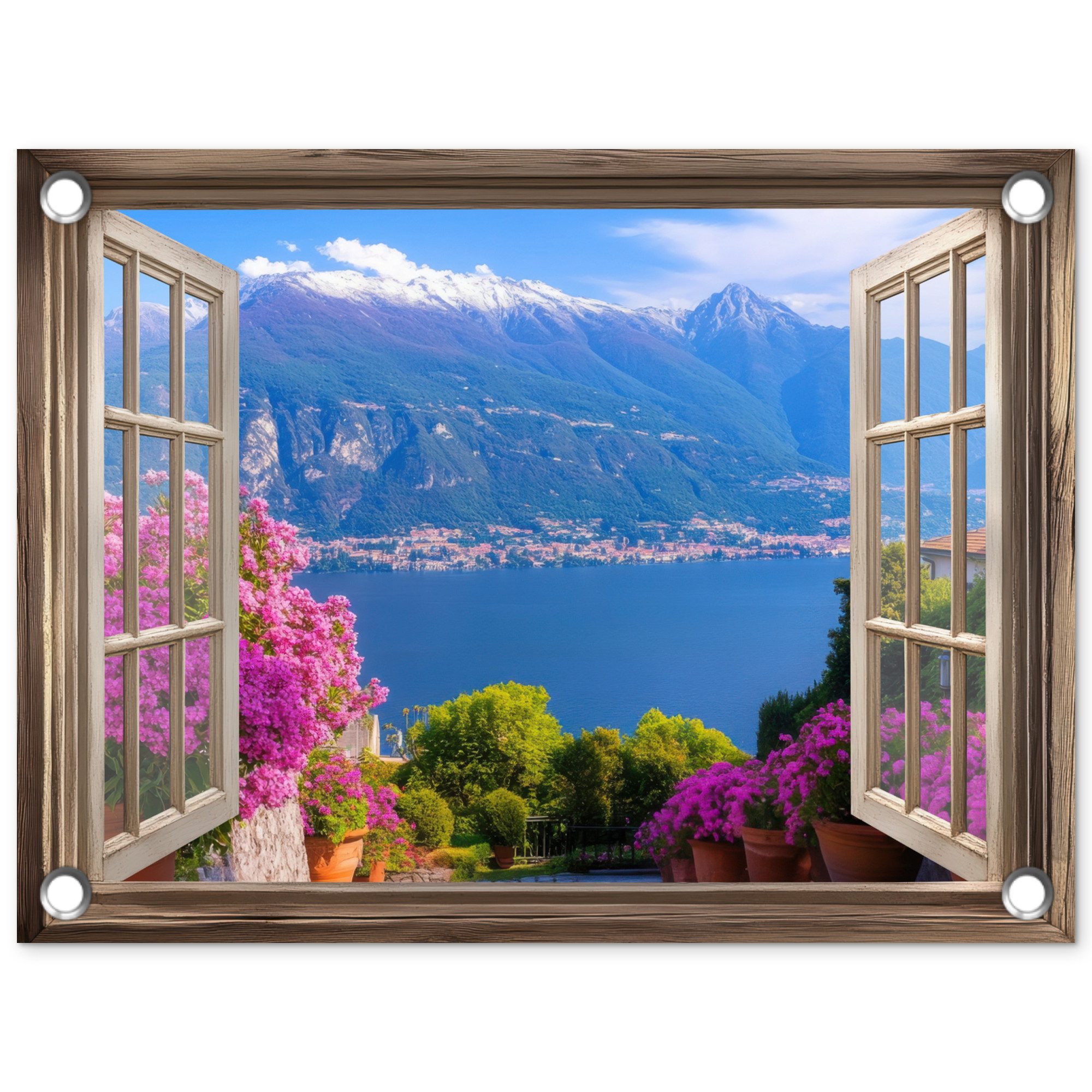 OnlyWow Poster für Garten Durchblick - Berg - Landschaft - Ausblicke - See, Gartenposter, Outdoor Bilder, Gartendekoration Bild, 40x30 cm
