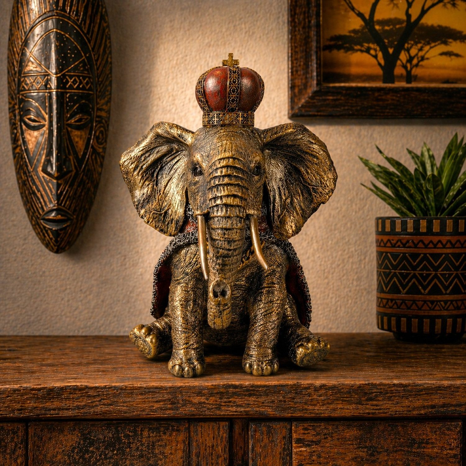 Online-Fuchs Dekofigur Elefant im königlichen Design mit Krone - Dekoration Afrika (37,5 cm groß, auch als Gartenfigur im Außenbereich geeigent), detailreiche Verarbeitung und fein ausgearbeitete Strukturen