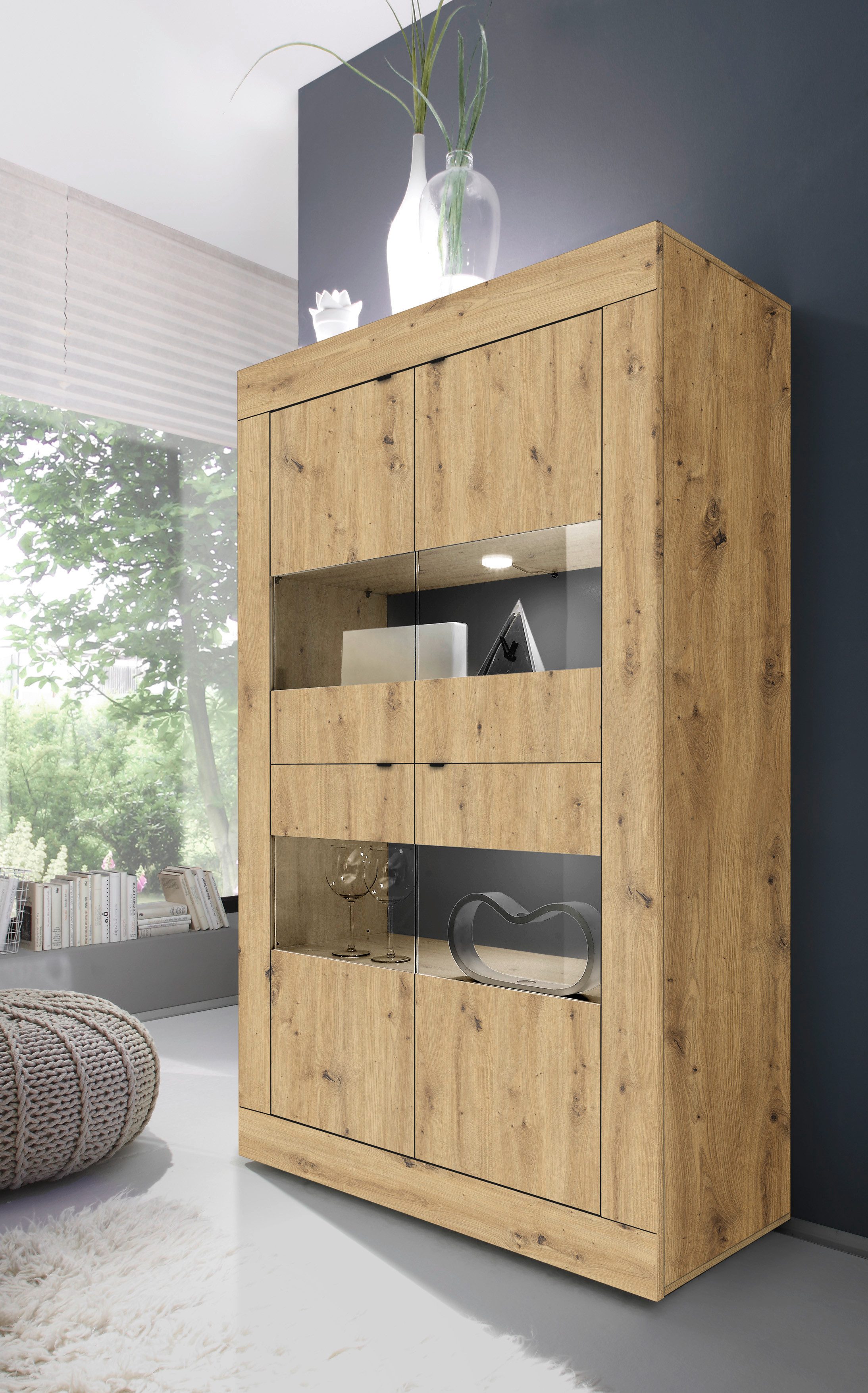 Home affaire Vitrine Basic Höhe 162 cm, Standvitrine mit 4 Türen - Metallgriffe, Stauraumvitrine in moderner Rahmenoptik, Hochschrank, Anrichte