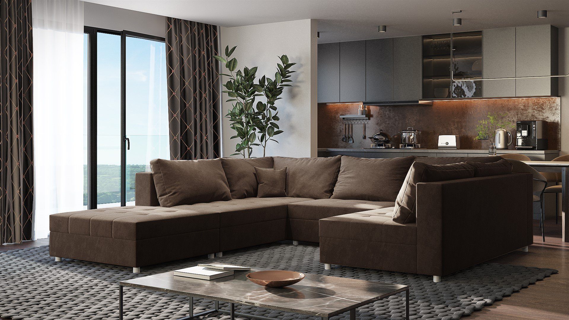 Fun Möbel Wohnlandschaft Sofa U-Form ANDRO, Inkl. Schlaffunktion, Bettkasten und Hocker, inkl. 2 Zierkissen und 7 Rückenkissen