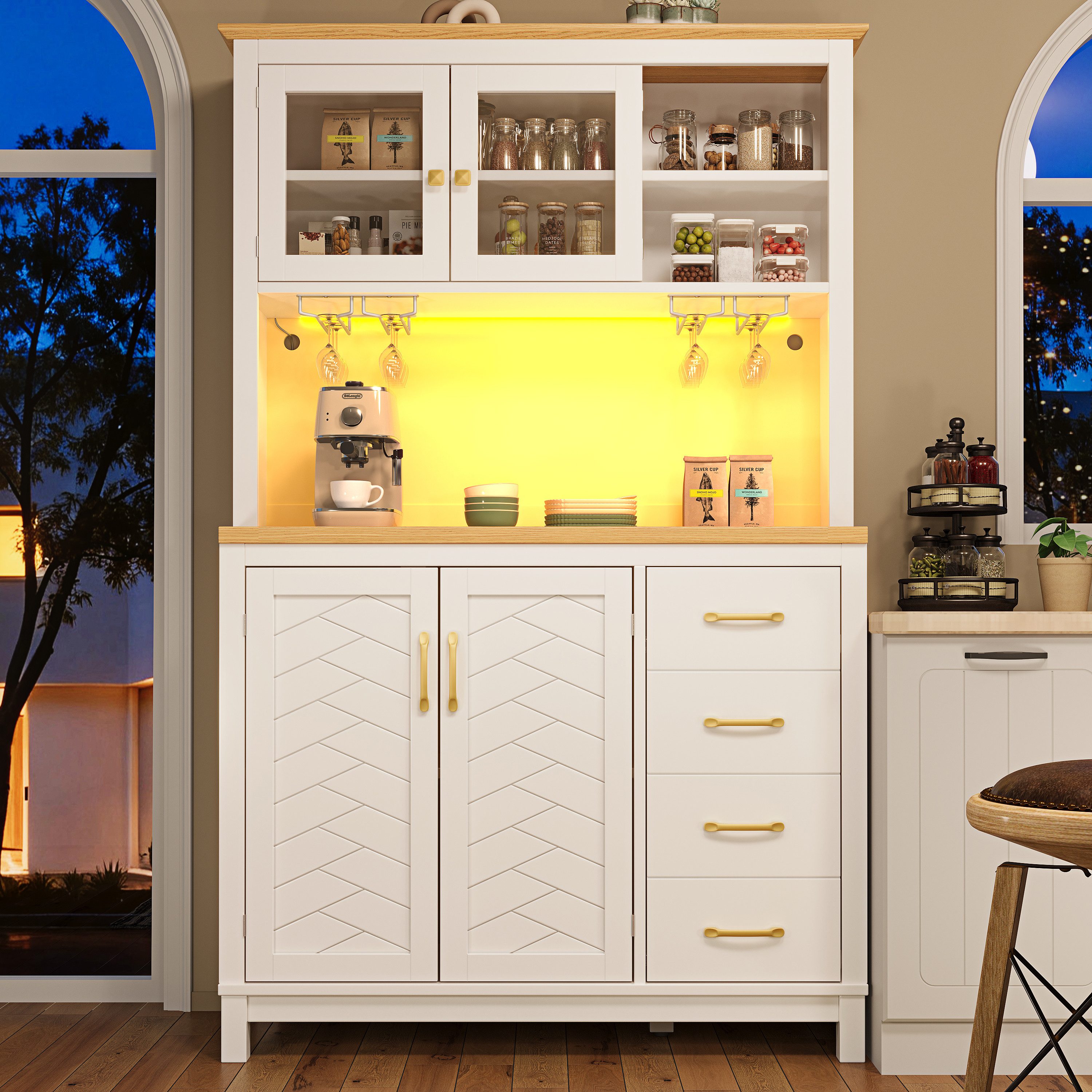 Celya Küchenbuffet Landhausstil mit LED und Getränkehalter (105.5x40x180cm, Mit 4 Türen und 2 Schubladen) für Küche, Esszimmer oder Wohnzimmer