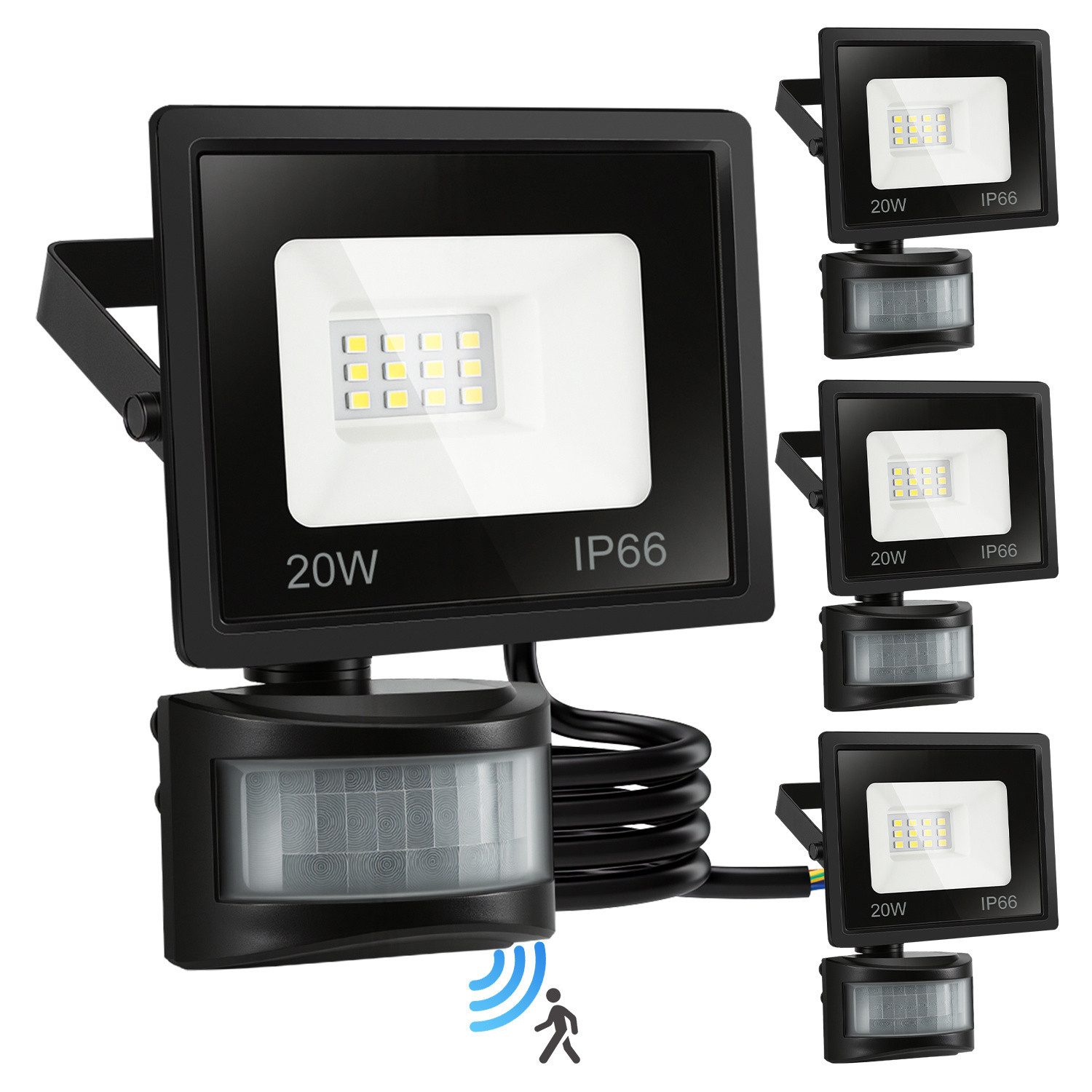 Clanmacy LED Flutlichtstrahler LED Fluter mit Bewegungsmelder 4X 20W Außenleuchte Kaltweiß Spotlight