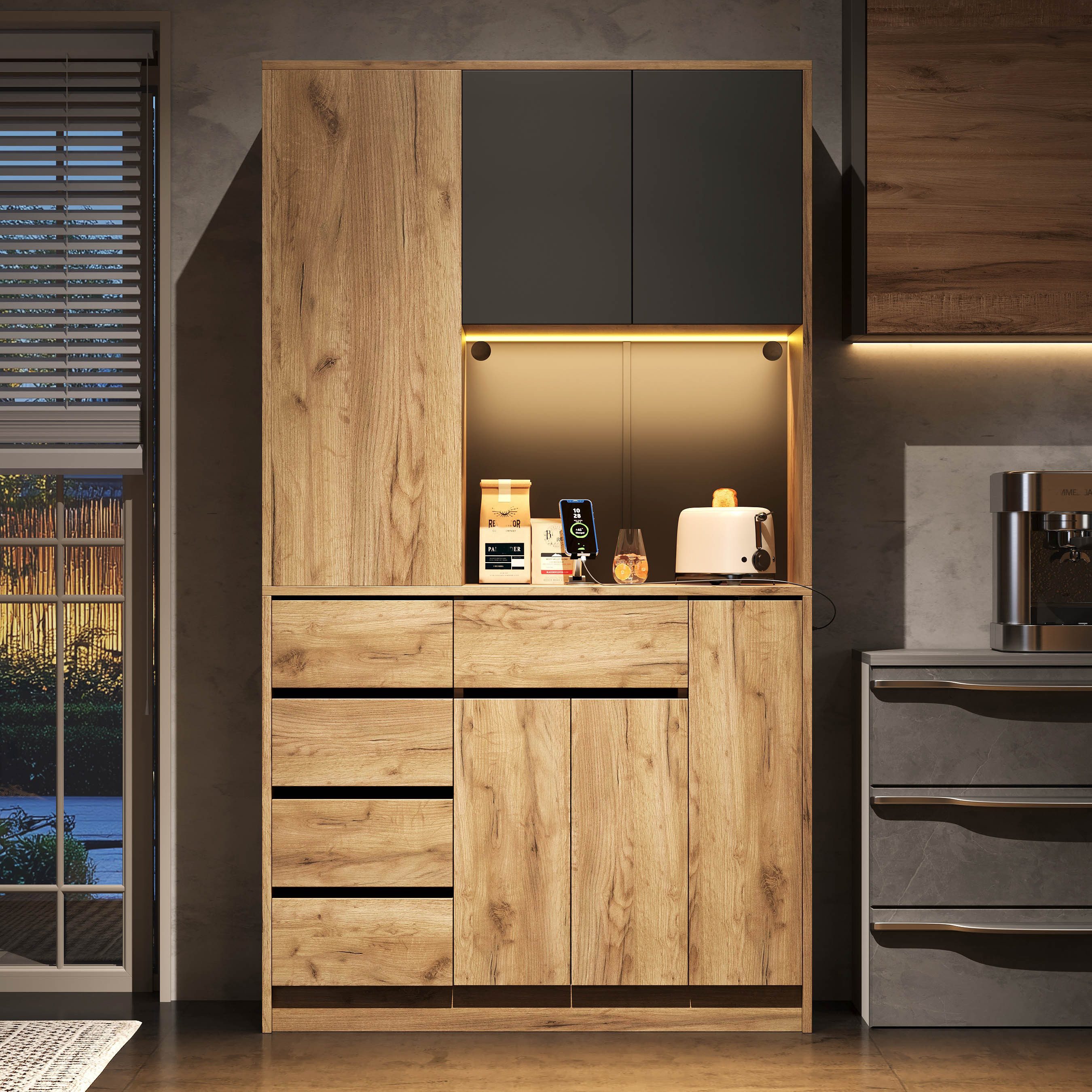 MODFU Hochschrank Küchenschrank mit LED-Beleuchtung (mit 4-stöckigem vertikalem Auszieh-Gewürzregal, verstellbaren Einlegeböden,mit Fernbedienung und Steckdose., 1-St., 185 × 105 × 40 cm)